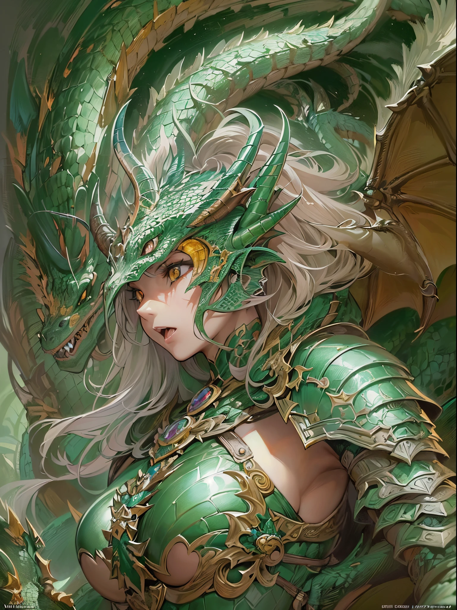 (best quality,4k,8k,highres,masterpiece:1.2), ultra-detailed, realistic, naked sexy dragon woman with green glittering scales, skin is glittering emerald green scales, medium length wavy green hair with blonde highlights, very playful but mischievous smile, huge tits, gigantic breasts, naked, nude, detailed crotch, detailed vulva, detailed pussy, sexy pose, spread legs, spread pussy lips, playful, bi-coloured eyes, heterochromia, lustful