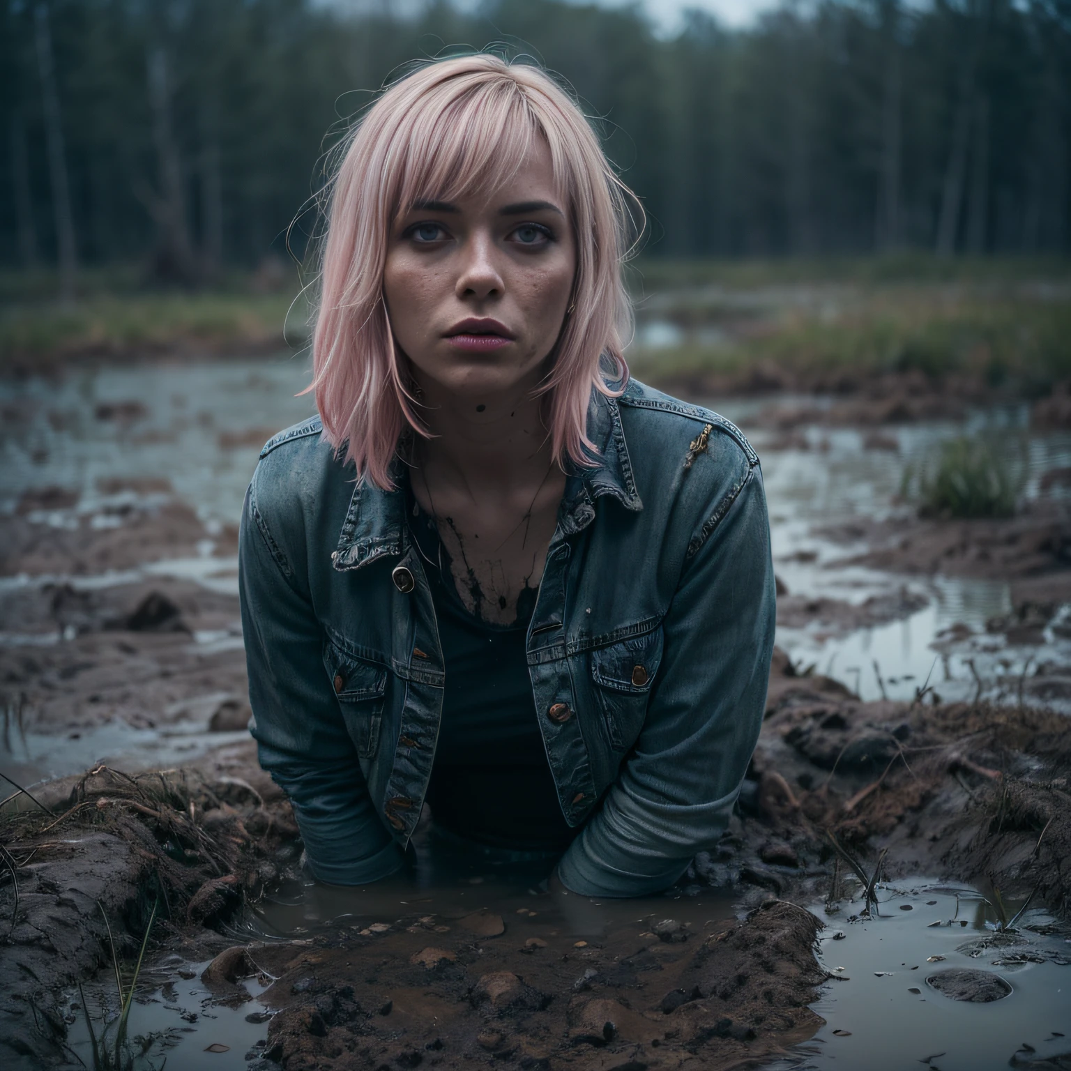 (Best Quality,hight resolution,Masterpiece, Overhead view:1.20),Ultra-detailed,Wide jeans,sickly,drowning in a swamp, fetish, (at the bottom of a mud pit:1.3),gloomy ecstasy,fetish,dark gloomy atmosphere,gritty texture,melancholic expression on his face,mysterious aura,foggy background,Subtle color palette,provocative pose,Strong emotions,Coming Out of the Depths of Despair,Piercing gaze,intense shadows,Plunged in Darkness,Rugged terrain,ominous vibe,A supernatural sensation,asymmetrical bangs, freckles, pink short hair, Bangs, freckles, gray eyes, A girl