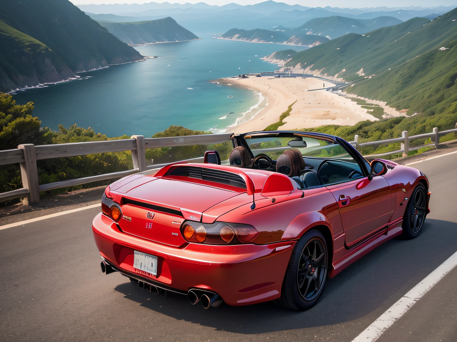 超A high resolution、An ultra-high picture quality、8K、Detailed details、marvelous expression、early summer coastline、Beautiful fresh greenery and lapping waves、A red car runs gracefully on the mountain pass road along the coast.........、((Honda S2000 2023 ))