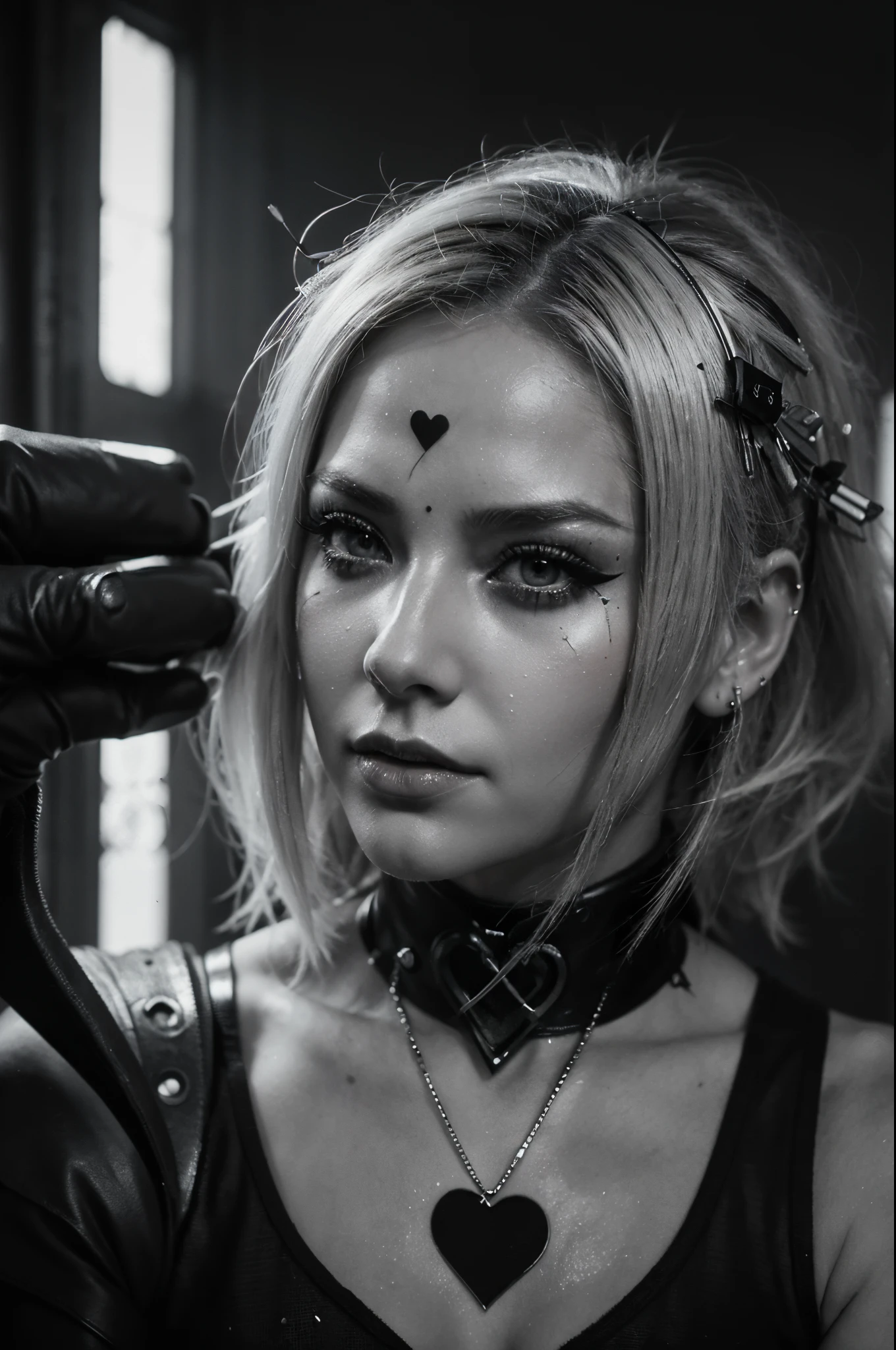 A beautiful and sweet cyberpunk blonde, a digital painting of a woman with Love Makeup with arrows, Heart-shaped makeup, cgsociety, gothic art, dystopian art, detailed painting, behance hd, figurative art, anime aesthetic, deep photography, Ilford HP5 film, crushed blacks, depth of field, dark photo, film grain, shadows, natural light