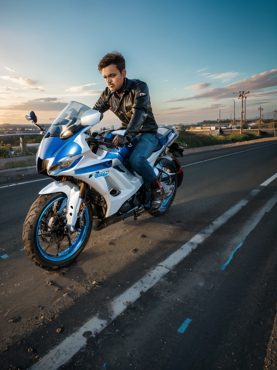 Realistic rider, cool riding, reall face, change location to sanset background, smart boy bright face, Blue bike, spotty look highway