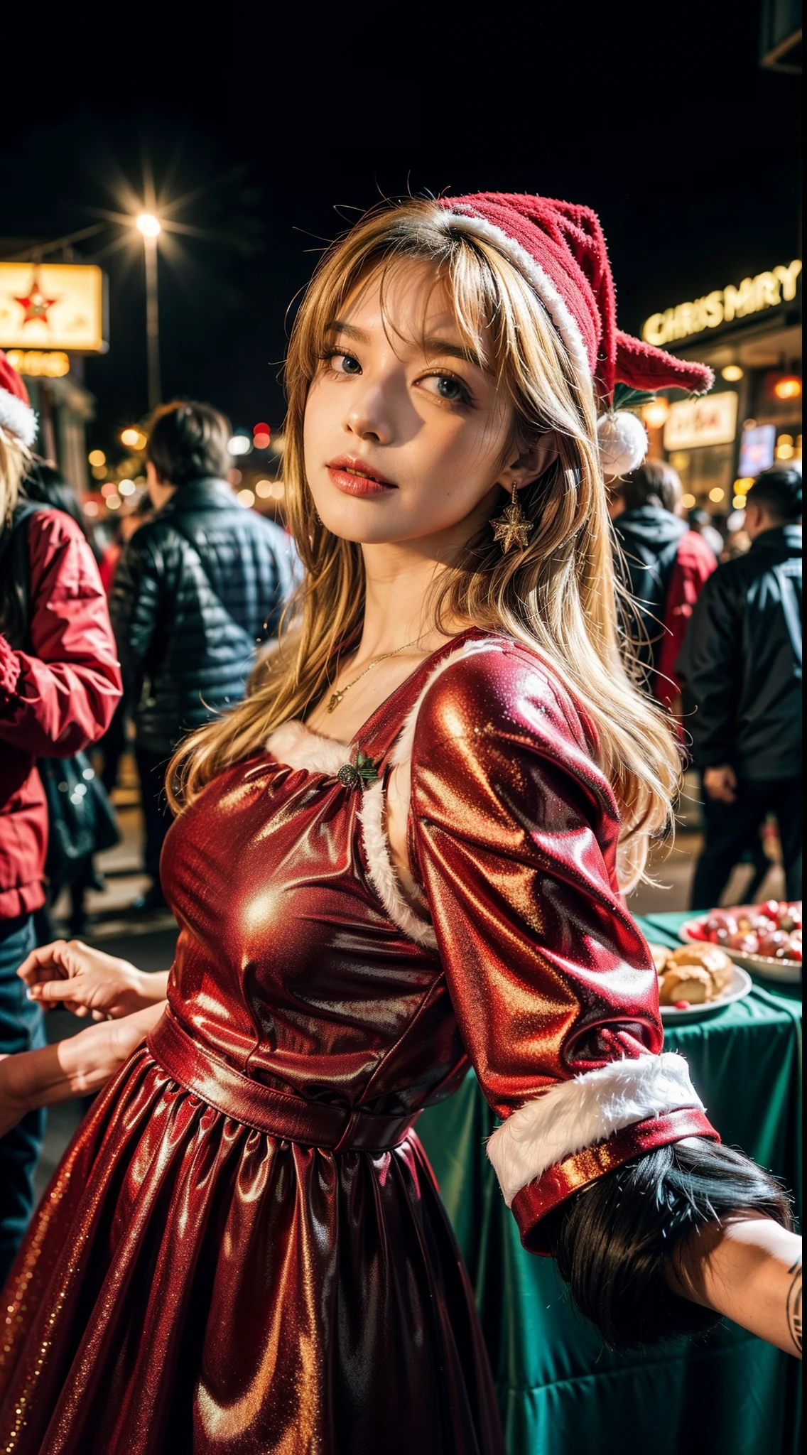Christmas fashion, christmas outfit, christmas dress, vibrant christmas party scene, immersed in the vibrant atmosphere of a night christmas party. The night christmas party scene is alive, a lively night party, and people having fun because christmas, capturing the spirit of christmas, war, and self-expression that defined the christmas culture, midshot, centered image, ultra detail, extremely face detail, extremely eye detail, ash blonde long hair, pop up emo hair