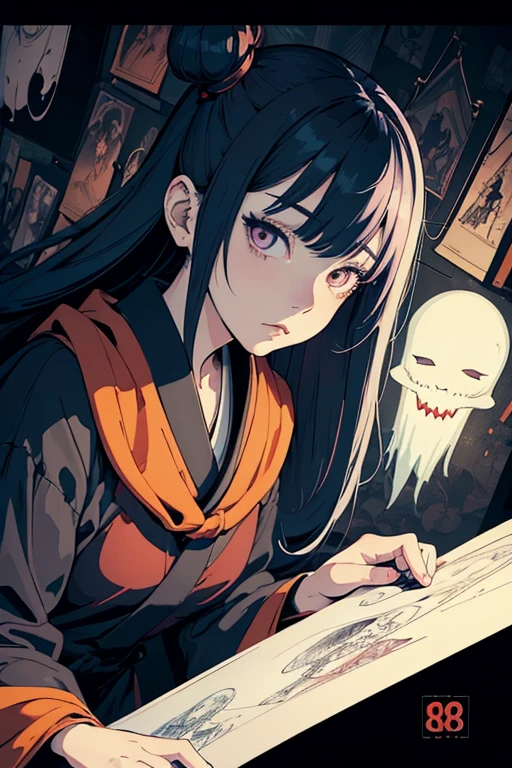 masterpiece, high resolution, ((Draft cartoon style)), ((wallpaper)), ((Diverse angles)), Comic Style Illustrations, (drawing style), Outline warm color, eerie, Woman with Japanese ghost, horror factor, (Distinctive hair style), (Creative accessories), (individualistic atmosphere), Fantasy Town, extra, 8k
