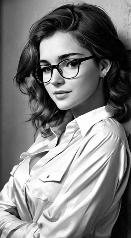 Realistic 80s photo on monochrome film; modest young plump Russian woman 38 years old, beautiful proportional round face, round cheeks, Round chin, Big shiny brown eyes, eyeglasses, parted sensual lips, Serious, The Penetrating Eye, calm pleasant smile, medium length brown thick tousled hair (80s punk hairstyle); short plump body, very small breasts with large nipples (Nipple erection), without underwear, White translucent silk shirt with a loose fit and top button undone..., Flirtatious Look at the Camera, (upper-body), natural light; Monochrome image