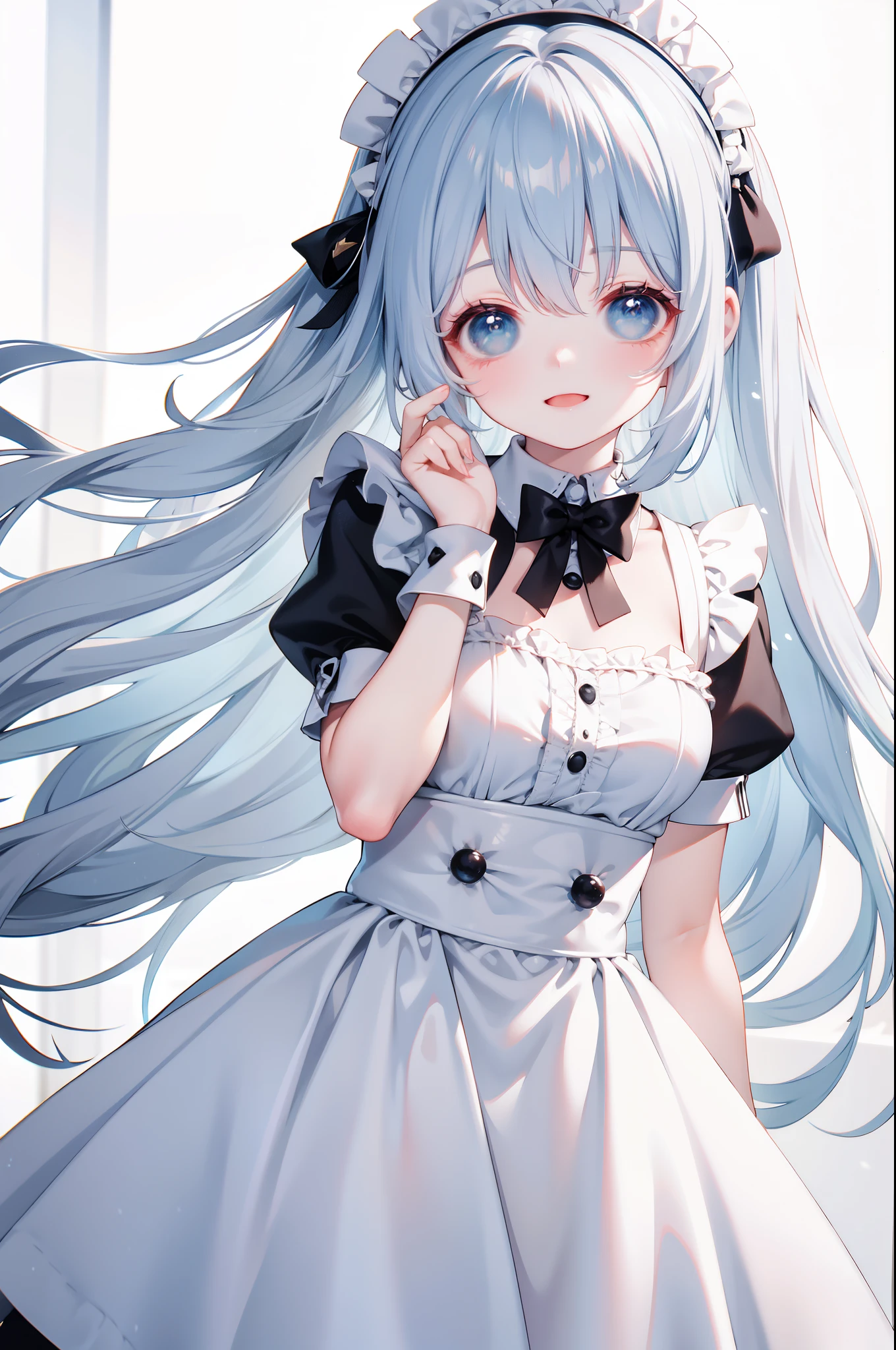 Maniac，ssmile，cyanhair，long whitr hair，Splash background，frenzied，laughingly，the maid outfit