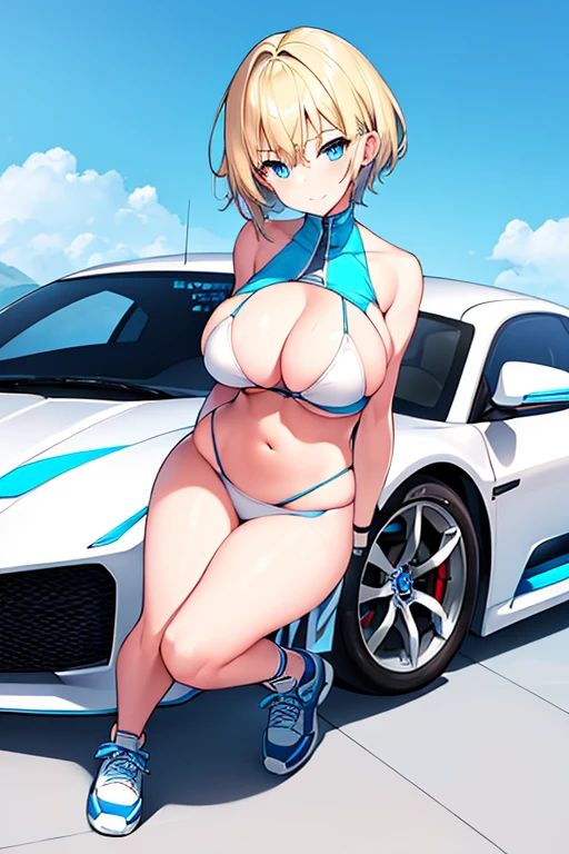 1girl, wide hips, large breasts, wide hips, blonde hair, short hair, very short hair, blue eyes, futuristic, machinery, science-fiction, tech, shoes, sneakers, neon trim, bikini, white bikini, white clothes, blue neon trim, full body, light smile, car, sports car, sport car