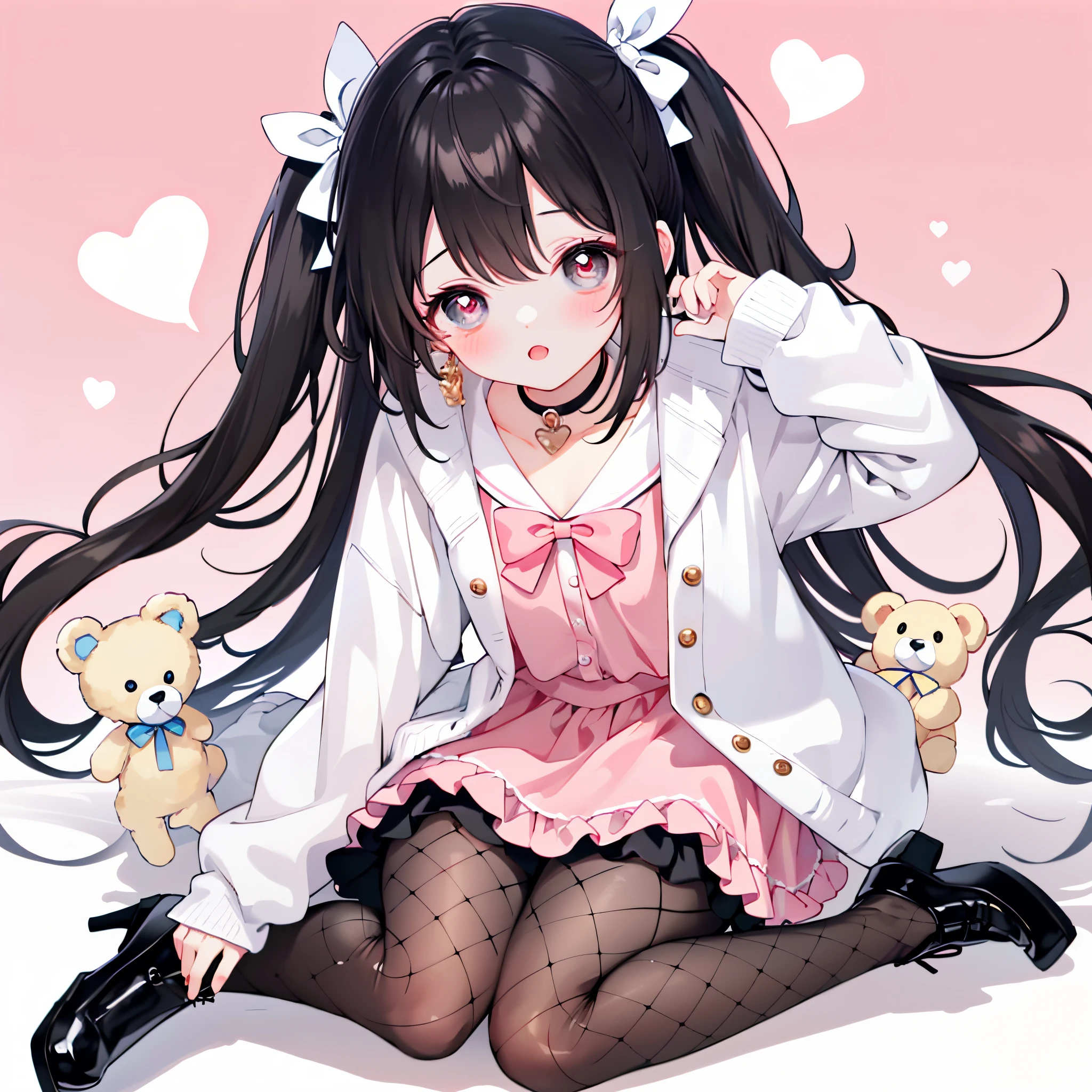 masterpiece, best quality, (jirai_kei),1girl, solo, long_hair, looking_at_viewer, shirt, black_hair, long_sleeves, bow, ribbon, twintails, sitting, monochrome, hair_bow, heart, pantyhose, frills, food, shoes, choker, blunt_bangs, black_skirt, pink_eyes, stuffed_toy, pink_background, stuffed_animal, frilled_skirt, pink_bow, (fishnets), candy, bandaid, pink_shirt, teddy_bear, lollipop, (fishnet_pantyhose), platform_footwear, pink_theme, pill, heart-shaped pupils,