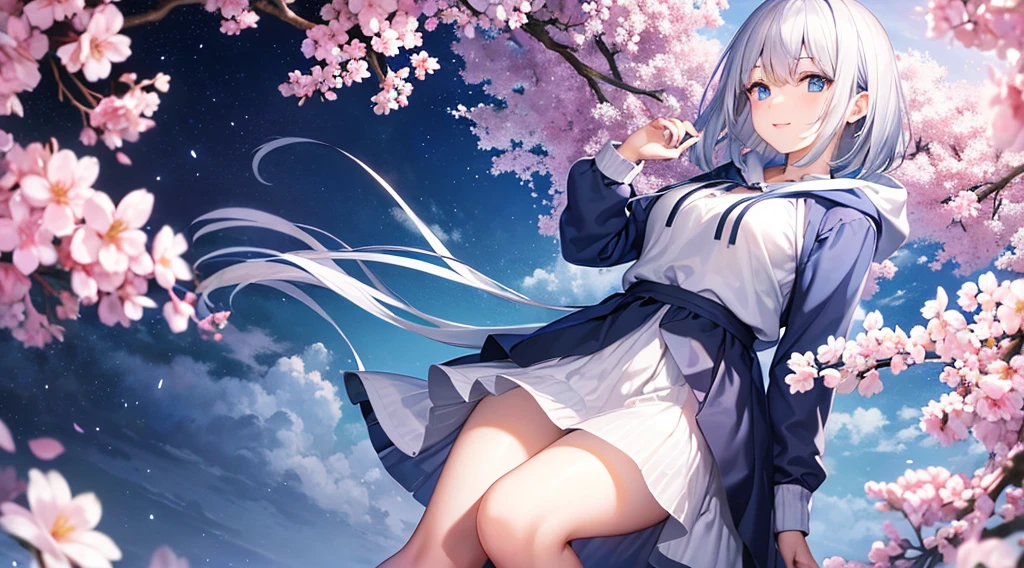 Look at viewers, hands behind back, girl with, 20 years old, Very short hair, long bangs between eyes, pale blue eyes, Hoodie, Skirt , Blue sky,, Sunlight, Extremely detailed,(​masterpiece、top-quality)、独奏、White hair、Blue eyes、A smile、White skin as clear as snow、Fantastical, Silver hair, Blue eyes, Beautiful eyes,, Ecstasy, charmed, be smitten with audience, Hoodie, White hoodie, fantastic landscape, ,Cherry blossom background,a black skirt