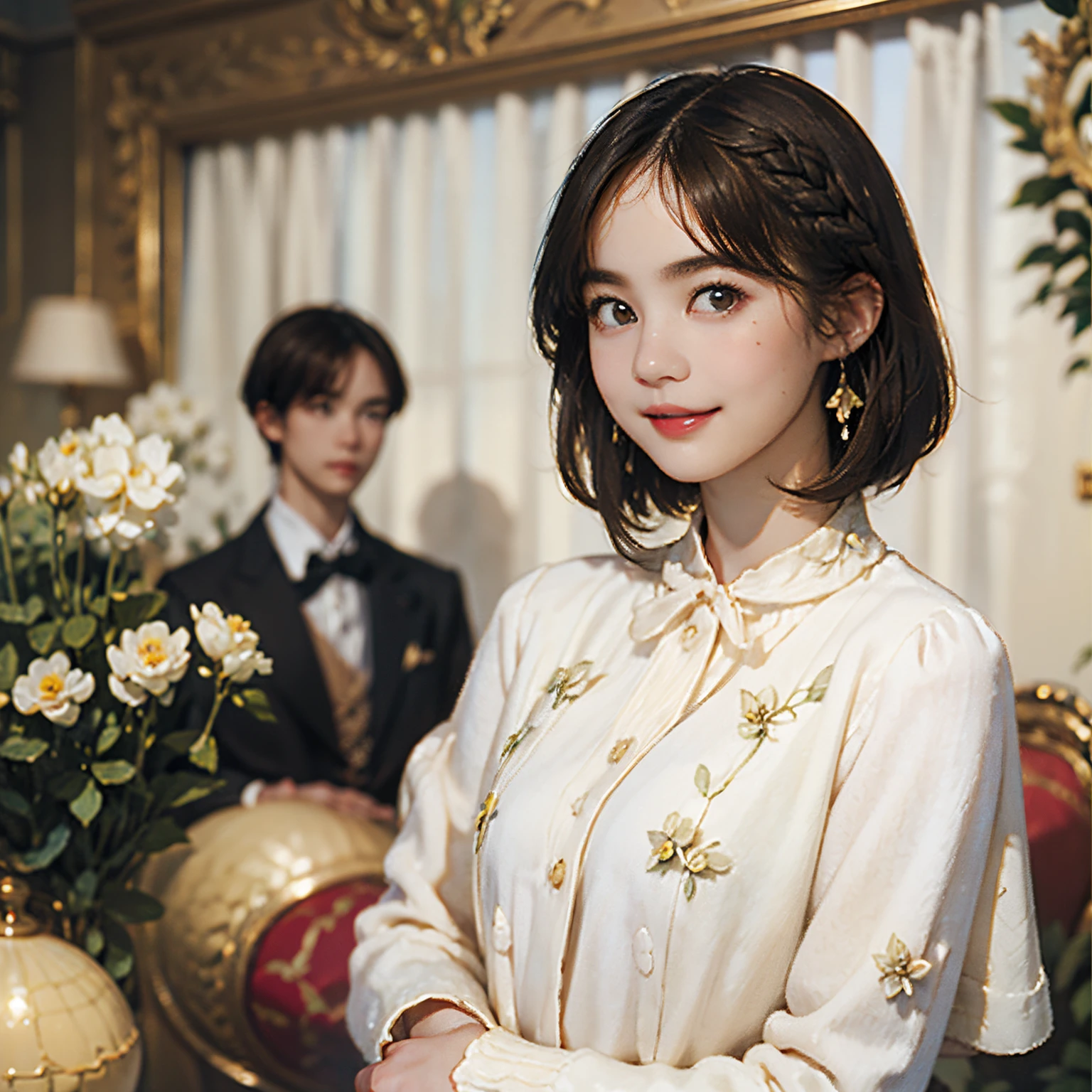 123
(a 20 yo woman,is standing), (A hyper-realistic), (high-level image quality), ((beautiful hairstyle 46)), ((short-hair:1.46)), (Gentle smile), (breasted:1.1), (lipsticks), (florals), (Luxurious room), (Depth of field is deep), (Modern)