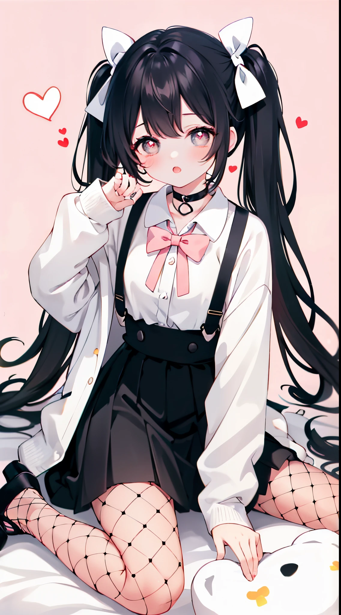 masterpiece, best quality, (jirai_kei),1girl, solo, long_hair, looking_at_viewer, shirt, black_hair, long_sleeves, bow, ribbon, twintails, sitting, monochrome, hair_bow, heart, pantyhose, frills, food, shoes, choker, blunt_bangs, black_skirt, pink_eyes, stuffed_toy, pink_background, stuffed_animal, frilled_skirt, pink_bow, (fishnets), candy, bandaid, pink_shirt, teddy_bear, lollipop, (fishnet_pantyhose), platform_footwear, pink_theme, pill, heart-shaped pupils,