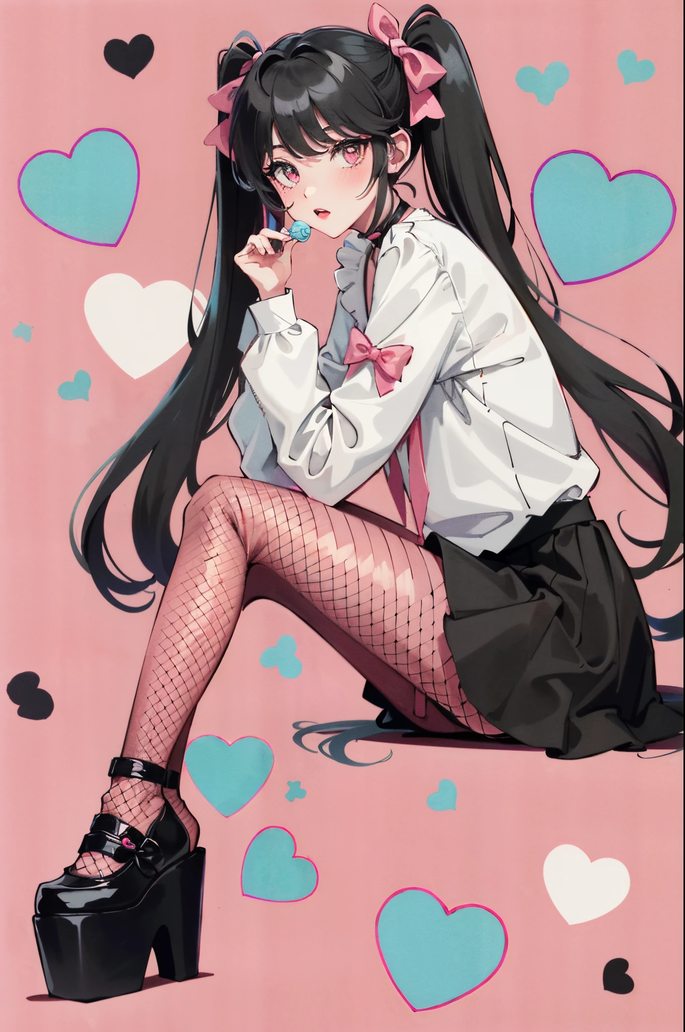masterpiece, best quality, (jirai_kei),1girl, solo, long_hair, looking_at_viewer, shirt, black_hair, long_sleeves, bow, ribbon, twintails, sitting, monochrome, hair_bow, heart, pantyhose, frills, food, shoes, choker, blunt_bangs, black_skirt, pink_eyes, stuffed_toy, pink_background, stuffed_animal, frilled_skirt, pink_bow, (fishnets), candy, bandaid, pink_shirt, teddy_bear, lollipop, (fishnet_pantyhose), platform_footwear, pink_theme, pill, heart-shaped pupils,
