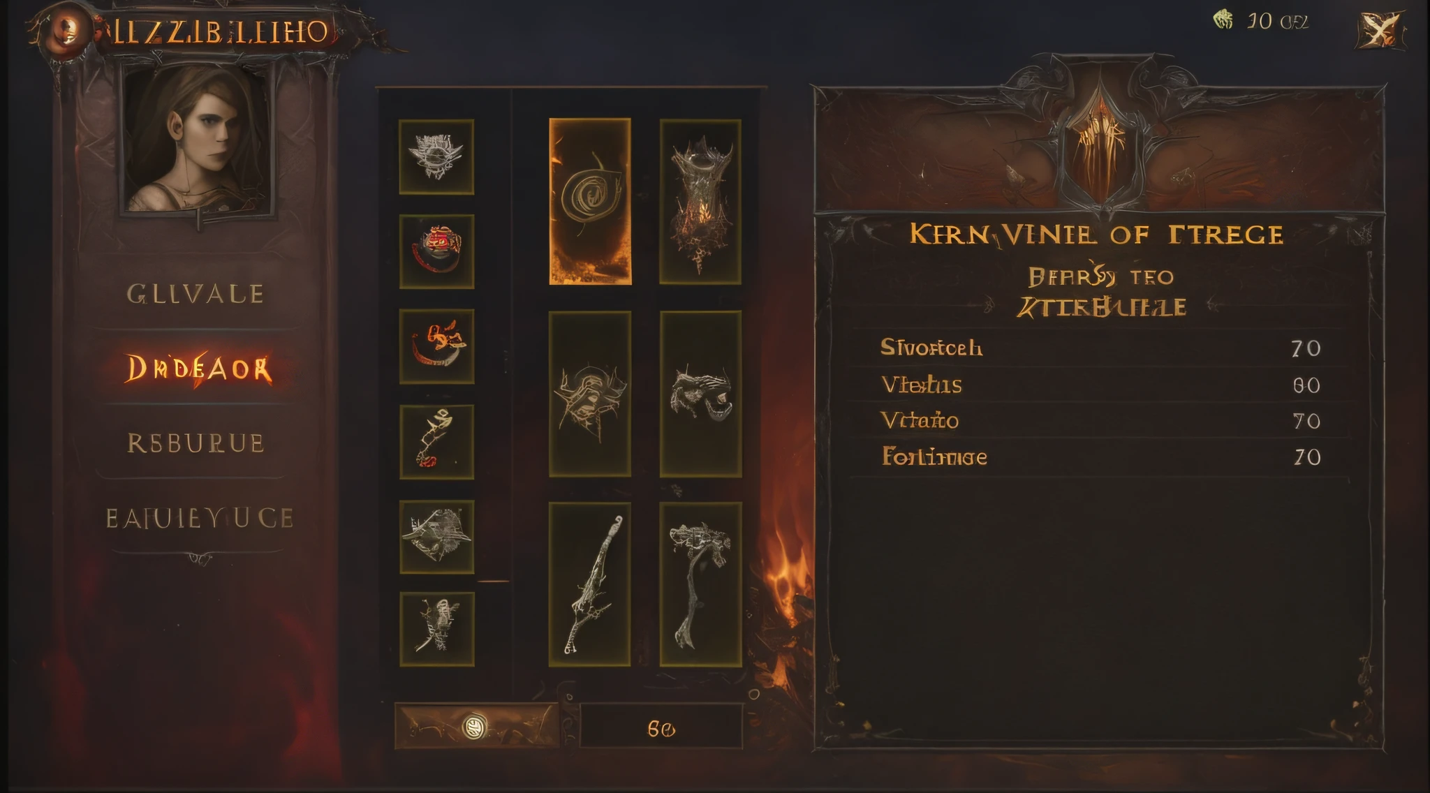 Close-up of menu screen showing various items, 8k insane detail, diablo 4 queen, insane quality, 8K character details, ability image, path of exile, Diablo 4, Kitazawa'insatiable hunger, Diablo 3, video game skills competencies, insanely details, diablo 4 lilith, Very very low quality, sacred details, kitava