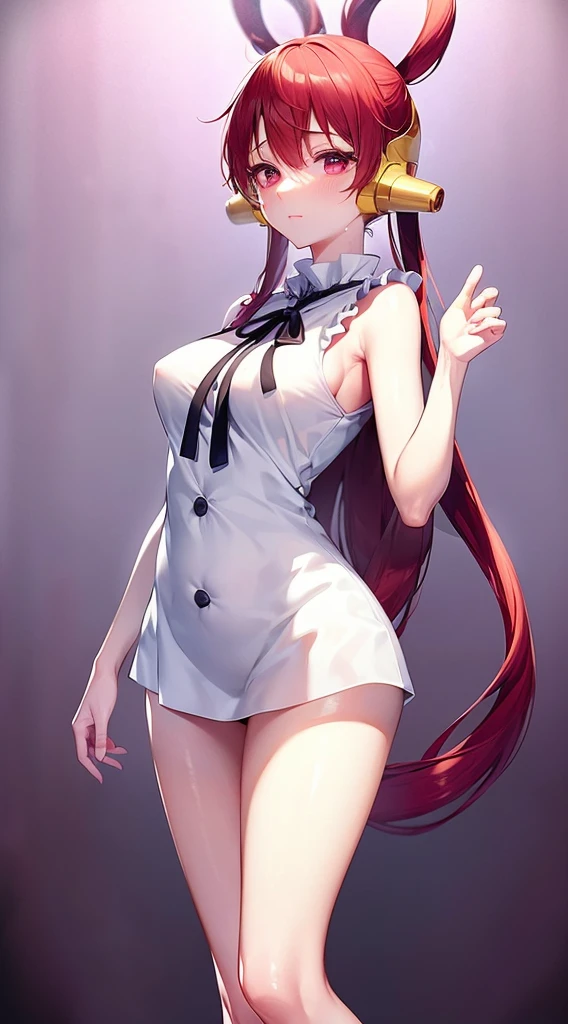 masutepiece、Best Quality、hight resolution、tre anatomically correct、white dres、a black ribbon、Short miniskirt、(Vibrant colors:1.2)、(masterpiece:2.0)、onepiece、Uta、left red hair、right gray hair、(((Not wearing pants)))、divine spirit、Flushed cheeks、Beautiful girl in every detail、Body shining with sweat、Wet、Seductive thighs、sexy pose、(round breasts:1.5)、Perfect style、Slimed、open one's legs、Open your crotch、Female genitals、teats see through、Hard nipples