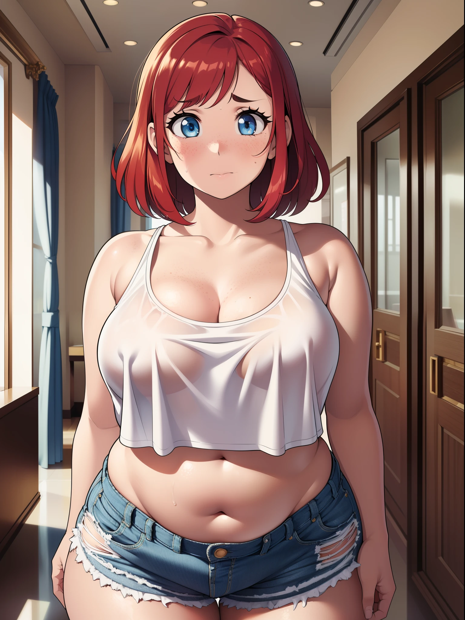 ((highres)), (Masterpiece), superior quality, high quality, best quality, beautiful, perfect lighting, detailed face, ultra cute face, cute, cowboy shot, ((1girl)), ((solo)), short fluffy red hair, blue eyes, freckles, (blush), shy, nervous, hotel lobby, detailed background, (tiny breasts), (flat chested), cleavage, perky breasts, ((wide hips)), ((large thighs)), (chubby belly), pear shaped girl, Crop top, shorts, (tight clothes), looking at viewer, standing,