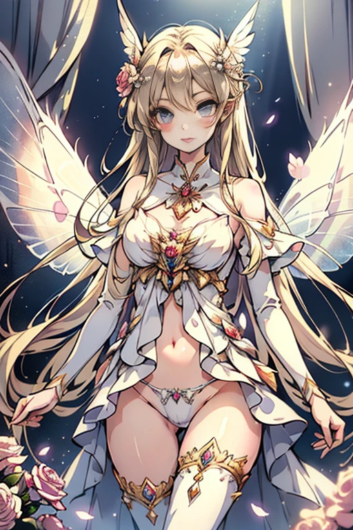 head to thigh, wearing edgHL, 1 girl, blue eyes, long blonde hair, long eyelash, fairy wings, high detailed skin, Russian Flower Fairy, naked, smile, white laced panties, high quality, Volumetric lighting, A high resolution, Soft lighting, Transparent feather drop effect, Spring flower utopia