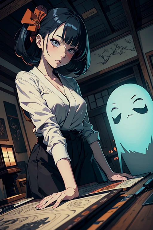 masterpiece, high resolution, ((Draft cartoon style)), ((wallpaper)), ((Diverse angles)), Comic Style Illustrations, (drawing style), Outline warm color, eerie, Woman with Japanese ghost, horror factor, (Distinctive hair style), (Creative accessories), (individualistic atmosphere), Fantasy Town, extra, 8k
