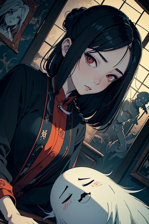 masterpiece, high resolution, ((Draft cartoon style)), ((wallpaper)), ((Diverse angles)), Comic Style Illustrations, (drawing style), Outline warm color, eerie, Woman with Japanese ghost, horror factor, (Distinctive hair style), (Creative accessories), (individualistic atmosphere), Fantasy Town, extra, 8k