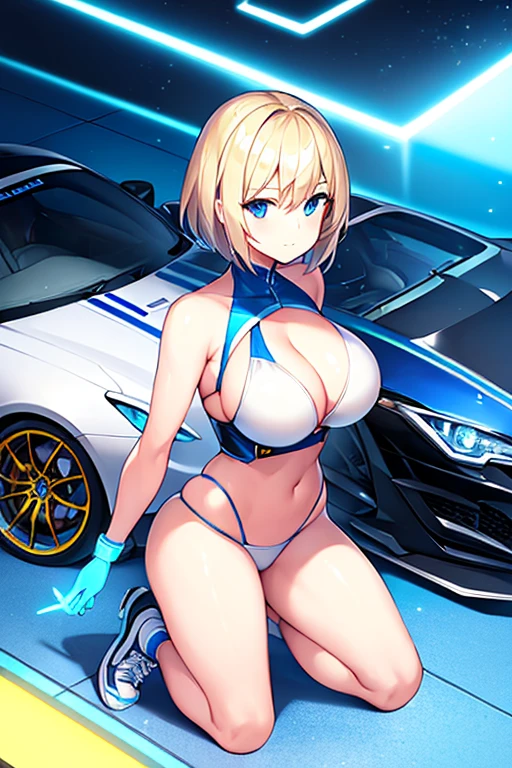 1girl, wide hips, large breasts, wide hips, blonde hair, short hair, very short hair, blue eyes, futuristic, machinery, science-fiction, tech, shoes, sneakers, neon trim, bikini, white bikini, white clothes, blue neon trim, full body, light smile, car, sports car, sport car, kneeling