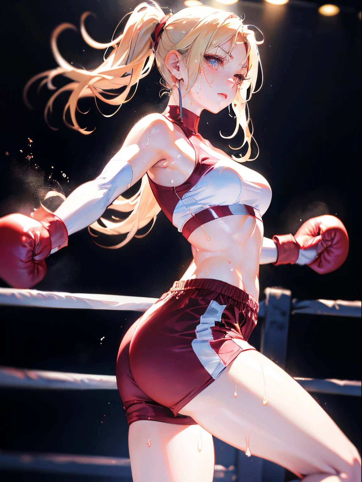 Best Quality, masutepiece,  High resolution, (Anime Heroine Illustration), Anime Paint, 1beautiful girl ,Dynamic Angle,Female boxer ,small head,Large breasts,nice legs, Glowing skin, Sweat,At the boxing venue ,Detailed beautiful face,Large eyes,detailed hairs,detailed skins,Realistic Skins,Sweat,detailed  clothes,from side