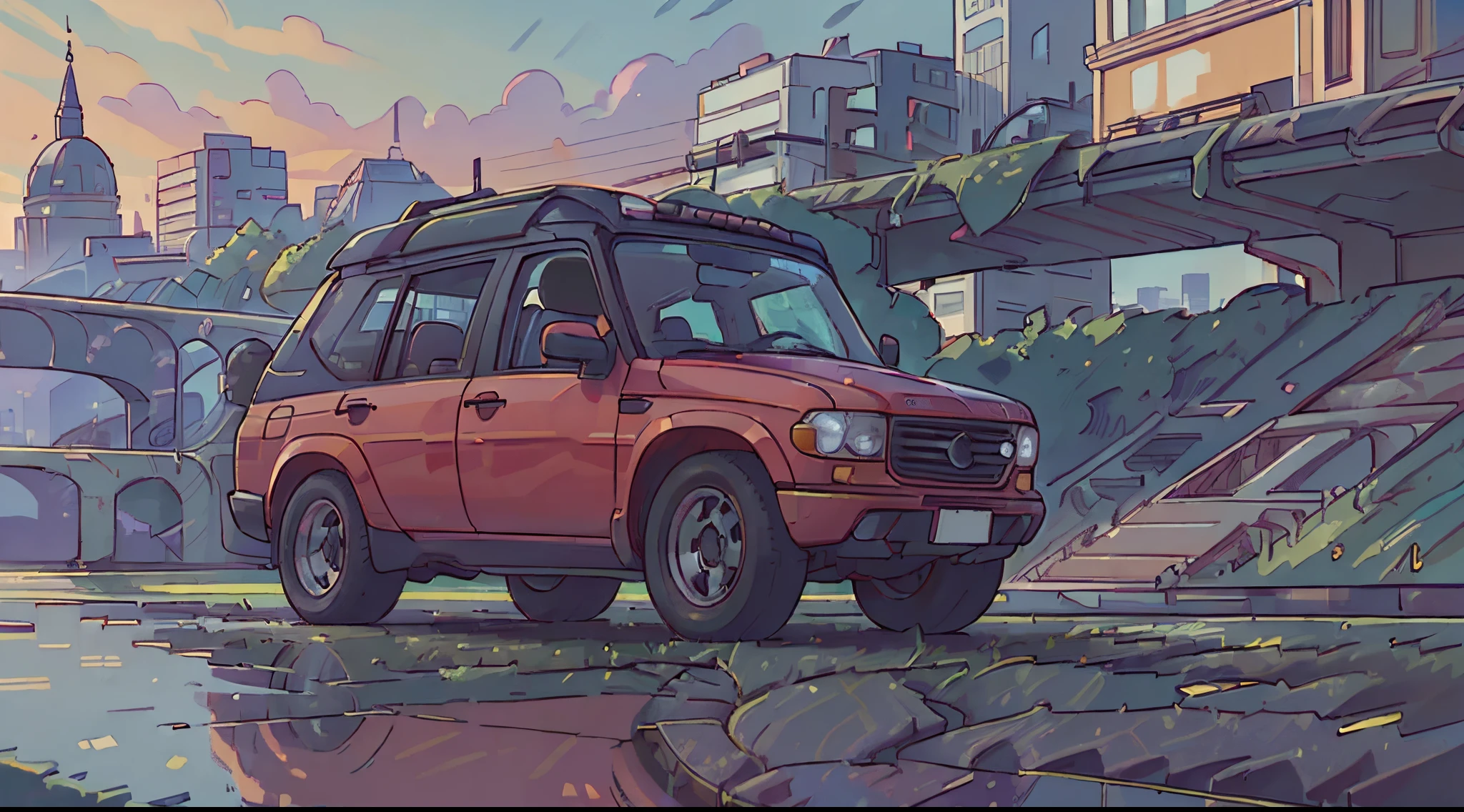 (Best Quality, High resolution:1.2), Ultra-detailed, (Realistic:1.37) Car, London cityscape,  Detailed reflections of car surfaces, High quality and precise painting, Vibrant colors, Natural lighting, a girl is standing next to a car, nffsw, high-level image quality