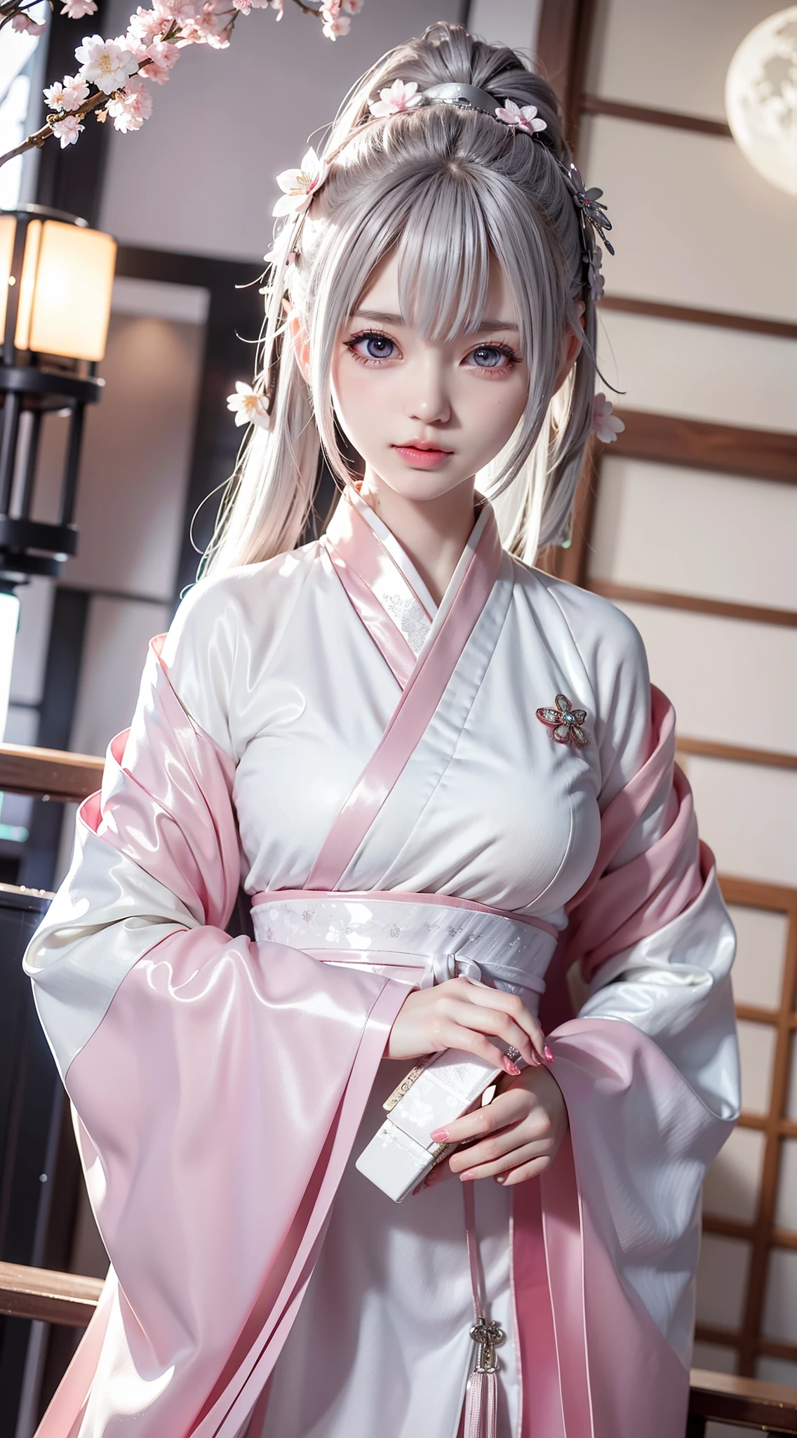 Chinese style, white hair, Chinese clothing, Tang style Hanfu, Hanfu, ((((pink and white skirt)), embroidery, over-the-knee socks, high heels, interior, bed