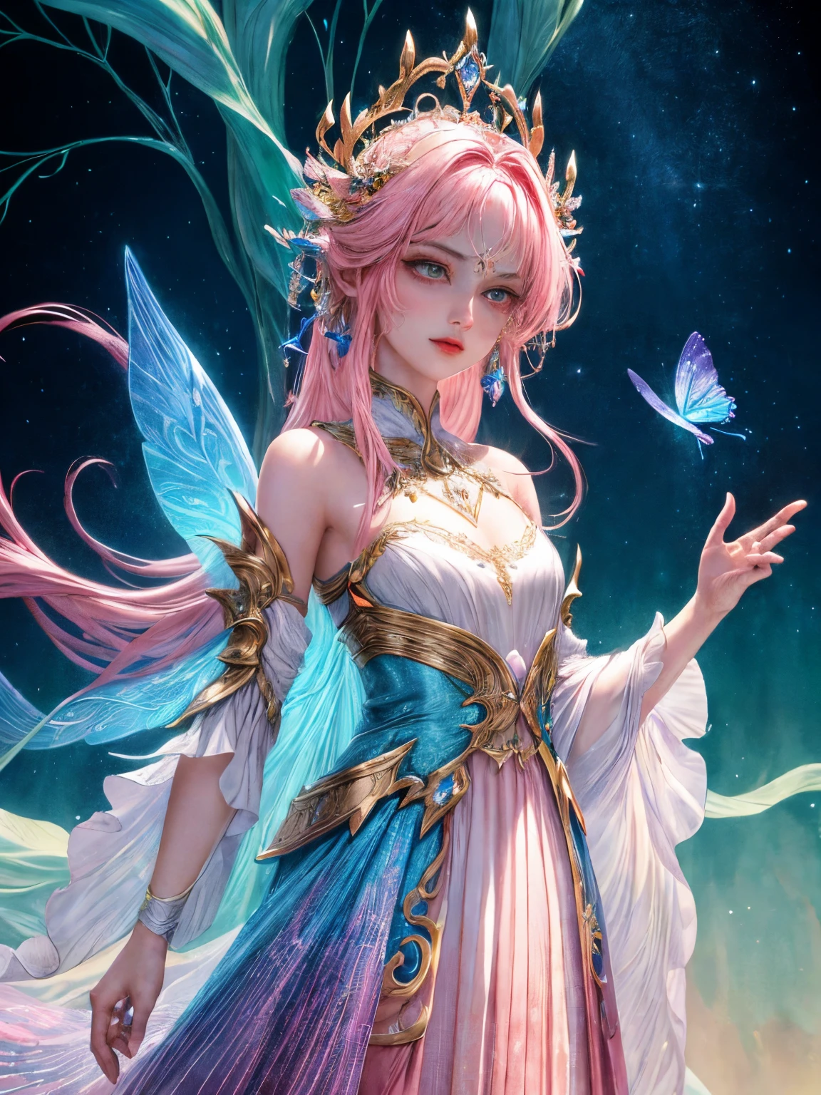(((masterpiece))), (((best quality))), ((ultra-detailed)),(highly detailed CG illustration), ((an extremely delicate and beautiful)),cinematic light, Create a stunning fantasy artwork that mimics the style of currently trending masters of the genre. The art piece should contain elements of both mythic fantasy and fairytale fantasy with colorful accents. The character in the artwork is a delicate but strong figure with an aura of mystery and magic. The character should be petite with subtle breasts. Pay close attention to intricate facial features, such as (((mesmerizing eyes with vibrant colors and delicate shading))). The character's clothing should be designed with gossamer feathers, silk, stunning embroidery, and subtle iridescent details. Incorporate vibrant colors, dynamic lighting, and detailed background elements to create a sense of awe and immersion. Include colorful flying magical birds and jewel-toned butterflies radiating a magical aura. Consider the latest trends in fantasy art, such as incorporating unique lighting effects, exploring dynamic and compelling composition techniques, and experimenting with unique color palettes. Take inspiration from the top artists on ArtStation and Midjourney. Camera: Choose an angle that highlights the character's beauty and enhances the magical majesty of the artwork. Lighting: Utilize atmospheric lighting techniques to create depth and mood. Resolution: Aim for a high-resolution artwork to showcase intricate details and clarity. Art Inspirations: Seek inspiration from the trending artists on ArtStation, exploring different styles, genres, and themes.