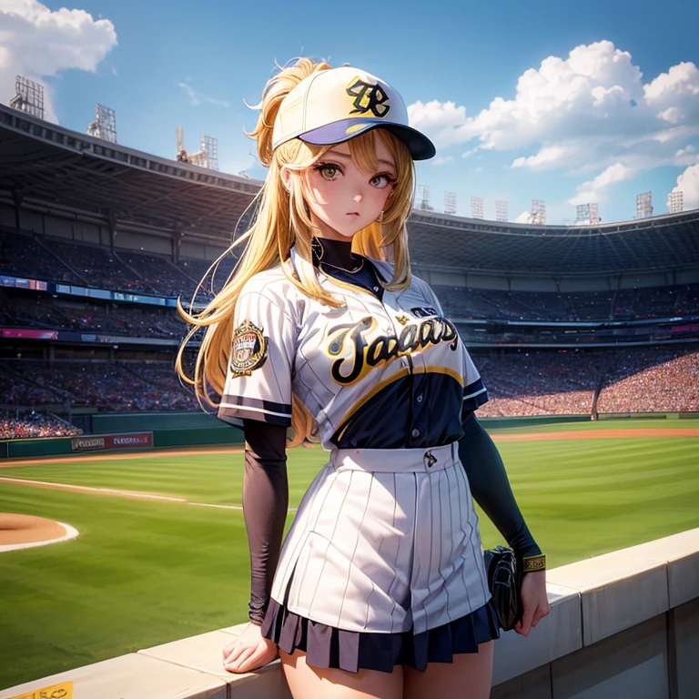 girl with, Hanshin Tigers, baseball uniform, stadio, blondehair, Brown eyes, magnificent scene, best composition, (masutepiece, Best Quality, Hires, High quality, By a professional artist, ultra-detailliert, Extremely detailed, absurderes, Incredible resolution:1.2)