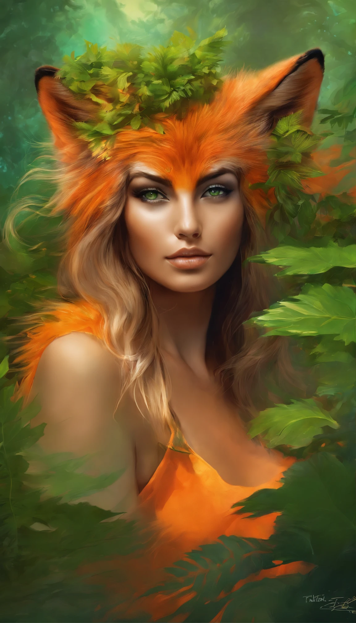 The sexy and dark art of seduction, woman covered in plants, covered in plants and leaves, fused with nature, force of nature, long green hair, medium breasts, perfect ass, in a forest in a wonderful natural environment, very sexy and erotic, a little pet fox accompanies her (art inspired by Bill Sienkiewicz). oil painting) (best quality, 4k, 8k, high resolution, masterpiece: 1.2), ultra detailed, (realistic, photorealistic, photorealistic: 1.37), intricate details, vivid colors, sharp focus, professional, Dave's artwork McKean, oil touch of surrealism, oil painting style, portrait, woman, beautiful detailed eyes, beautiful detailed lips, dreamy atmosphere, shadow play, soft lighting, fun pose, minimalist room, dark tones, ethereal background, elements of fantasy, texture, layered composition.
