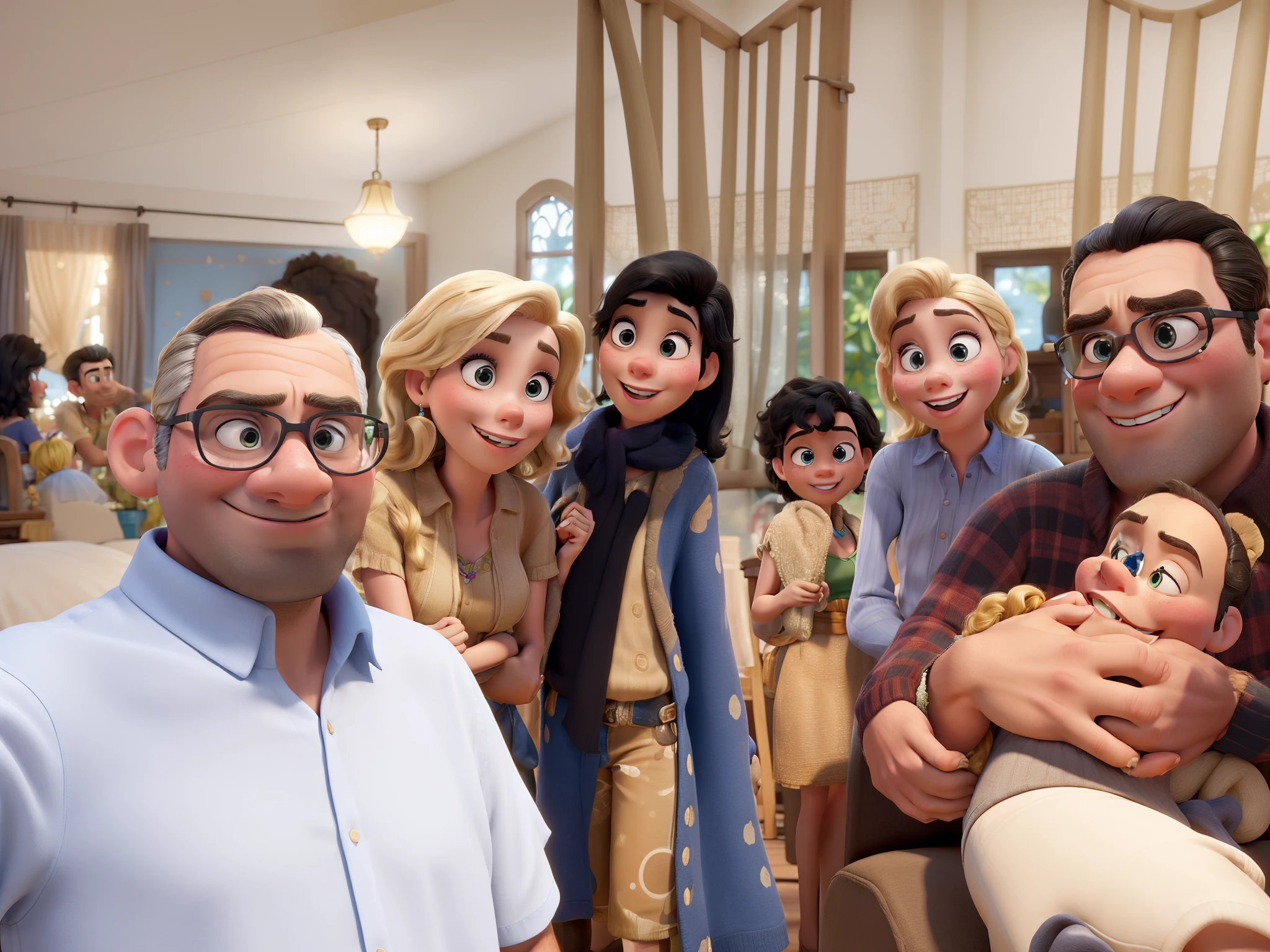Obra-prima ao estilo Disney/Pixar in high quality and high resolution. The woman in front is blonde and the man has black hair.