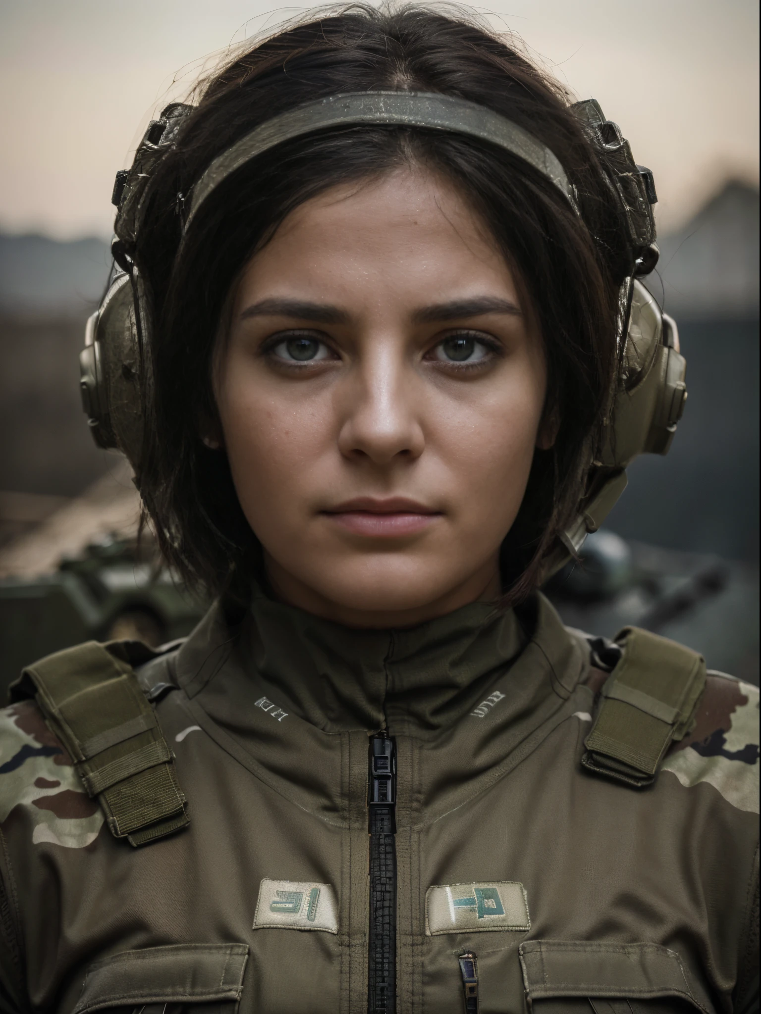(8k, highest quality, ultra detailed:1.37), 40yo, (a skilled female Israeli tank operator), maneuvers her tank in a war-torn battleground. She wears a military uniform and operates the controls with precision and expertise. military helmet. The high-resolution image captures ultra-detailed realism, highlighting female's focused expression, confident demeanor, and the intensity in her eyes. The devastated landscape with smoke and debris adds to the realism