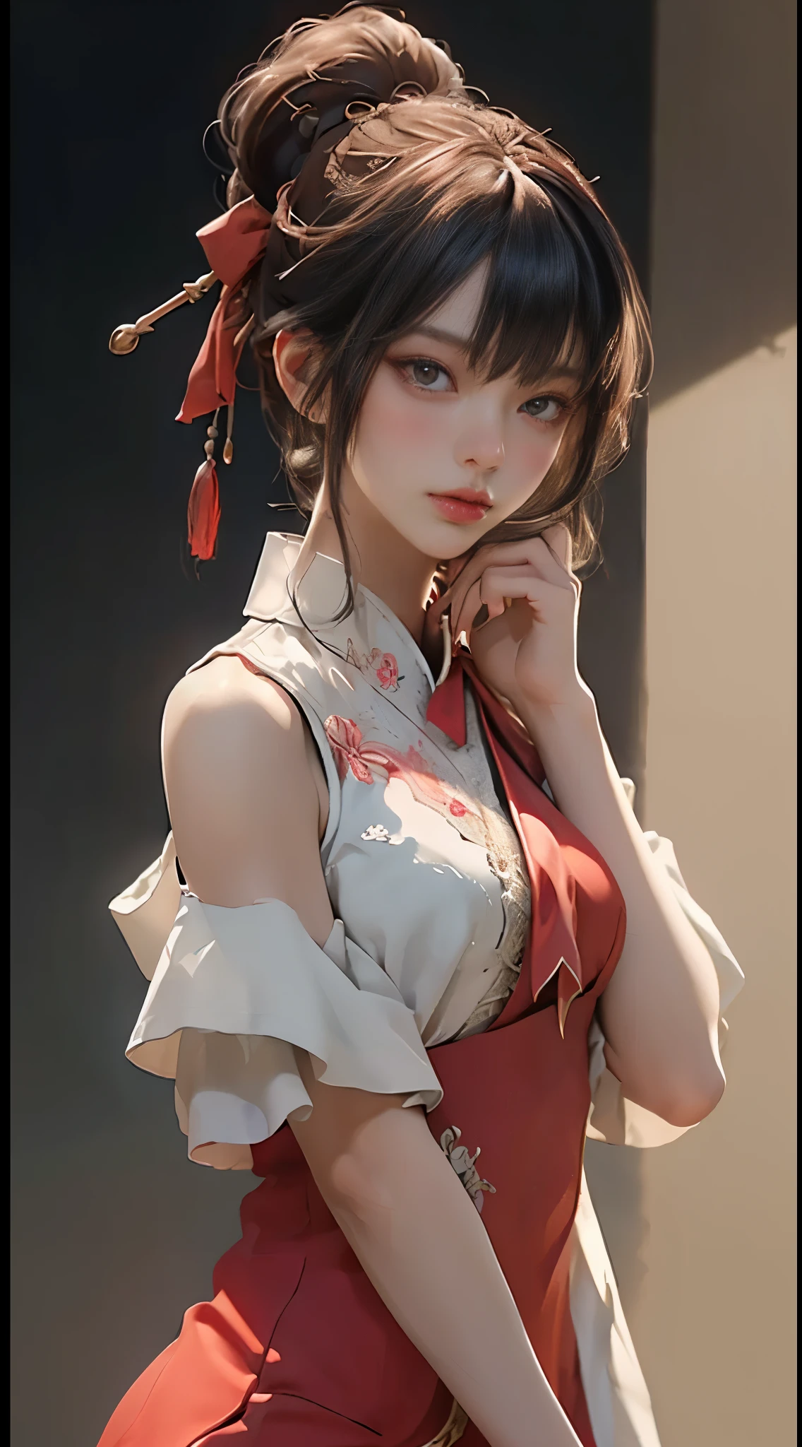 (masterpiece,bestquality,ultra-detailed,bestshadow),(detailedbackground,darkfantasy),(beautifuldetailedface),highcontrast,(bestillumination,anextremelydelicateandbeautiful),((cinematiclight)),colorful,hyperdetail,dramaticlight,intricatedetails,red eyes, long hair, looking at another, fake screenshot, multiple girls, bangs, eye contact, 2girls, ascot, white hair, braid, shirt, upper body, blush, hair between eyes, red ascot, dress, phone screen, bare shoulders, bow, parted lips