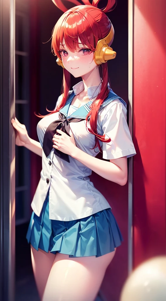 masutepiece、Best Quality、hight resolution、tre anatomically correct、(((School Uniforms)))、pleatedskirt、Short miniskirt、(Vibrant colors:1.2)、(masterpiece:2.0)、onepiece、Uta、left red hair、right gray hair、(((Not wearing pants)))、divine spirit、Flushed cheeks、a smile、Beautiful girl in every detail、Body shining with sweat、Wet、Seductive thighs、sexy pose、(round breasts:1.5)、Perfect style、Slimed、Hard nipples、School rooftop、