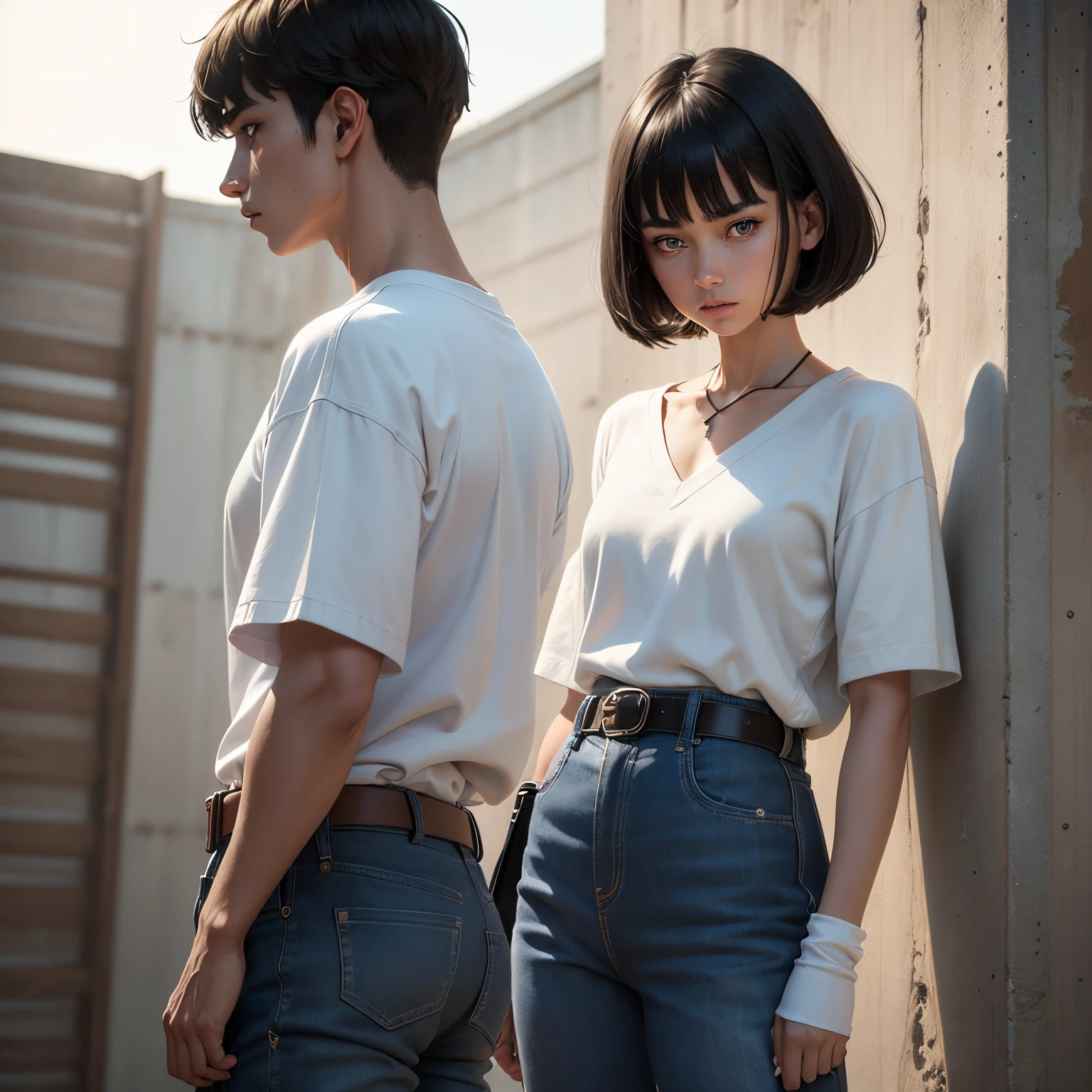 8k, masterpiece, best quality, realistic, higly detailed, cowboy shot, 1girl, solo, Fuutarou, young girl, fair skin, black hair, bowl cut, two strands sticking up from the back of her head, bangs that cover her forehead, blue eyes, slim physique, tall build, tends to slouch, serious expression, scary and thuggish vibe, bad girl, short-sleeved white shirt, dark blue trousers, white belt, light blue V-neck sweater, black sneakers with white soles and laces