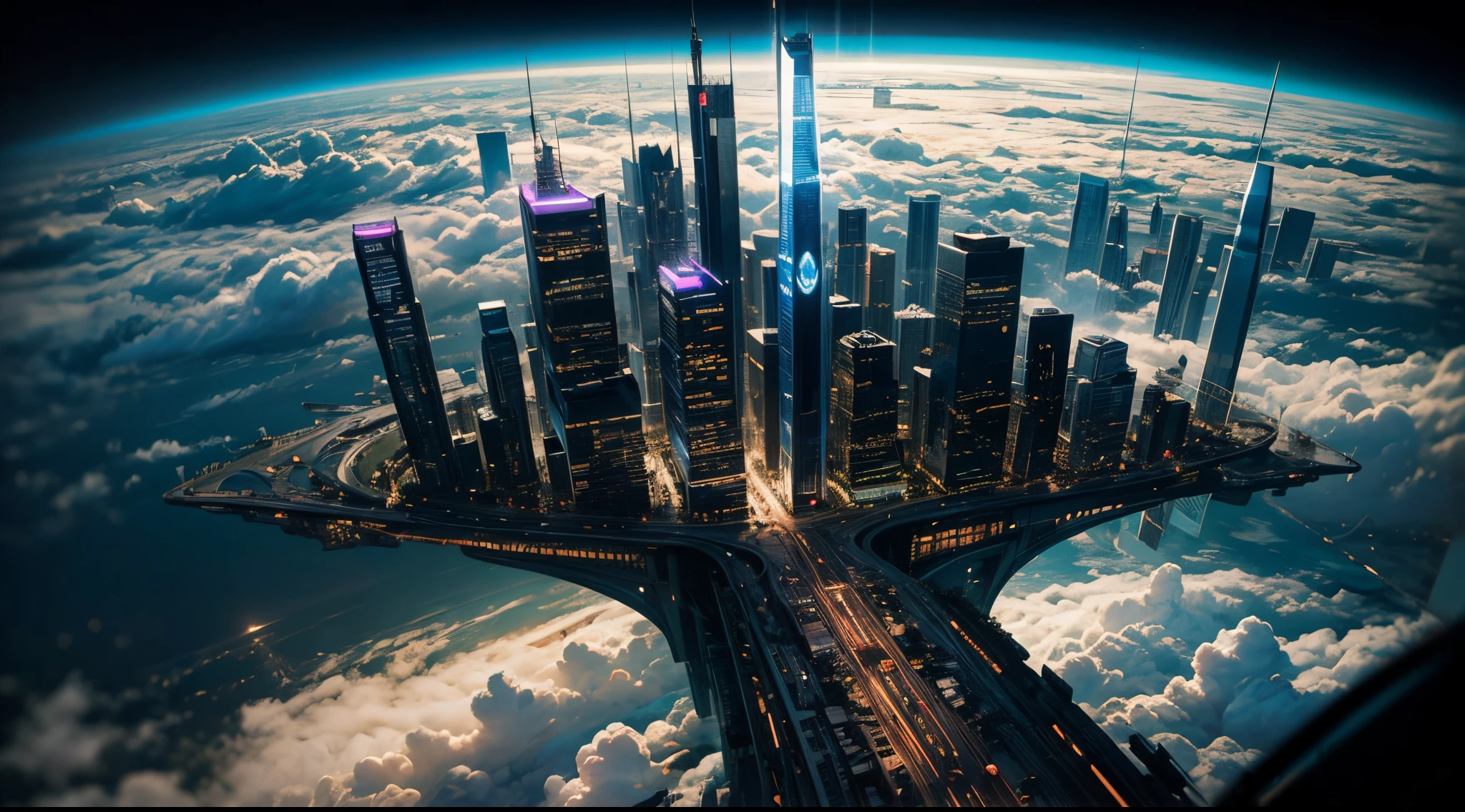 A futuristic cityscape floating among the clouds, sleek and reflective skyscrapers soaring into the sky, a network of levitating walkways connecting them, advanced vehicles zipping through the air, evoking a sense of awe and technological marvel