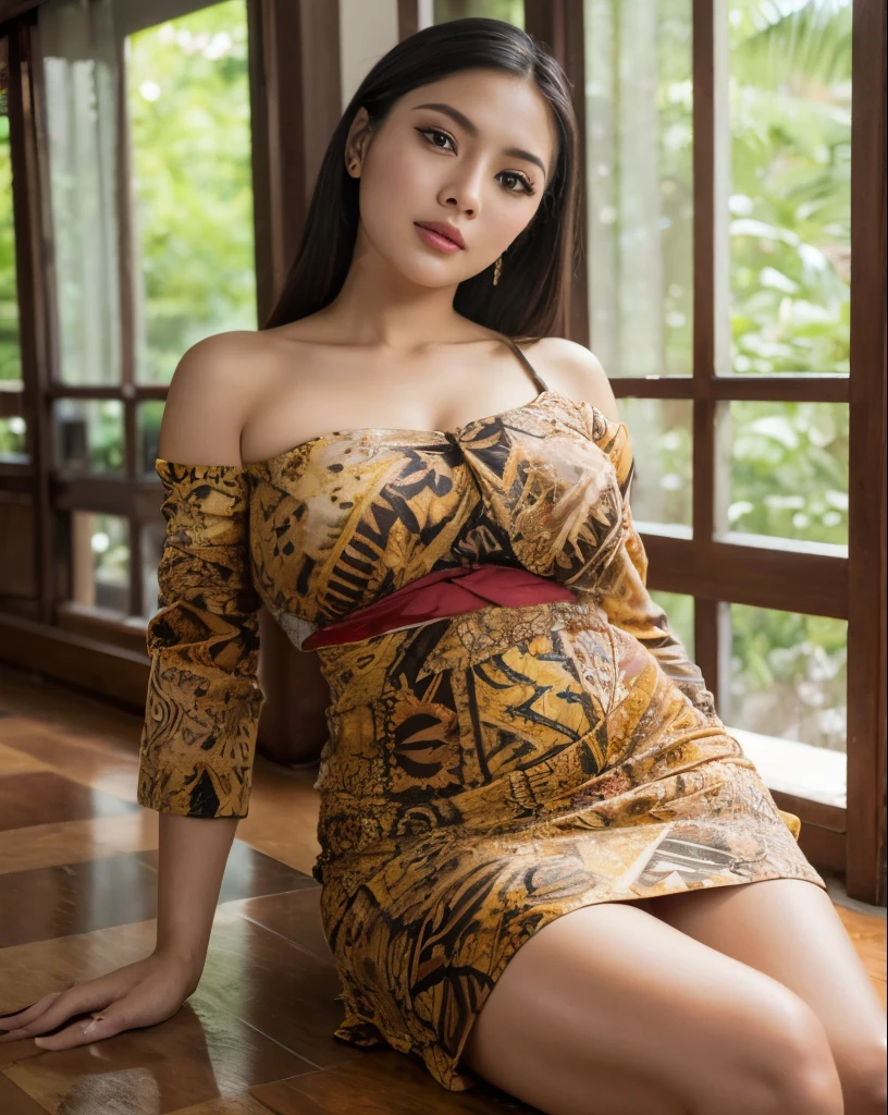 masterpiece, best quality, eyes makeup, eyelashes, huge breasts, (arm up pose:-0.8), (u-neck midi dress, batik:1.2), (mature female:1.3), (plump:1.2), beautiful, perfect viewpoint, highly detailed, wide-angle lens, professional lighting, everything in sharp focus, HDR, UHD, 64K, jungle, lying, spread leg, nsfw:1.2, sex, Indonesian, stockings, detached sleeves, hair clip, bobby pin, cum, cum on body:1.2, ultra detailed skin:1.3, ((worm in vagina:1.3)), (worm in pussy:1.2),