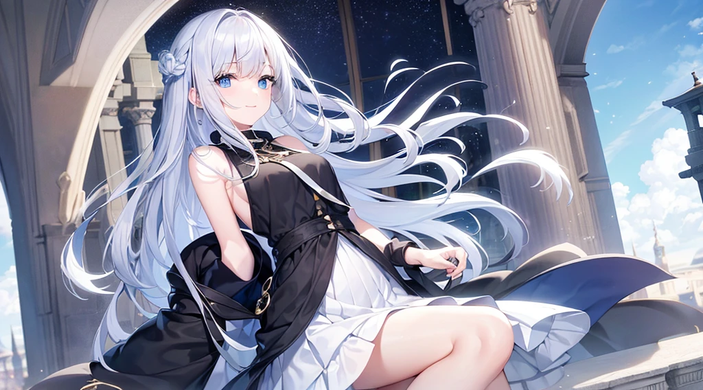 Look at viewers, hands behind back, girl with, 20 years old, Very short hair, long bangs between eyes, pale blue eyes, Hoodie, Skirt , Blue sky,, Sunlight, Extremely detailed,(masterpiece、top-quality)、独奏、White hair、Black eyes、A smile、White skin as clear as snow、Fantastical, Silver hair, Blue eyes, Beautiful eyes,, Ecstasy, charmed, be smitten with audience, Hoodie, White hoodie, fantastic landscape,a black skirt,