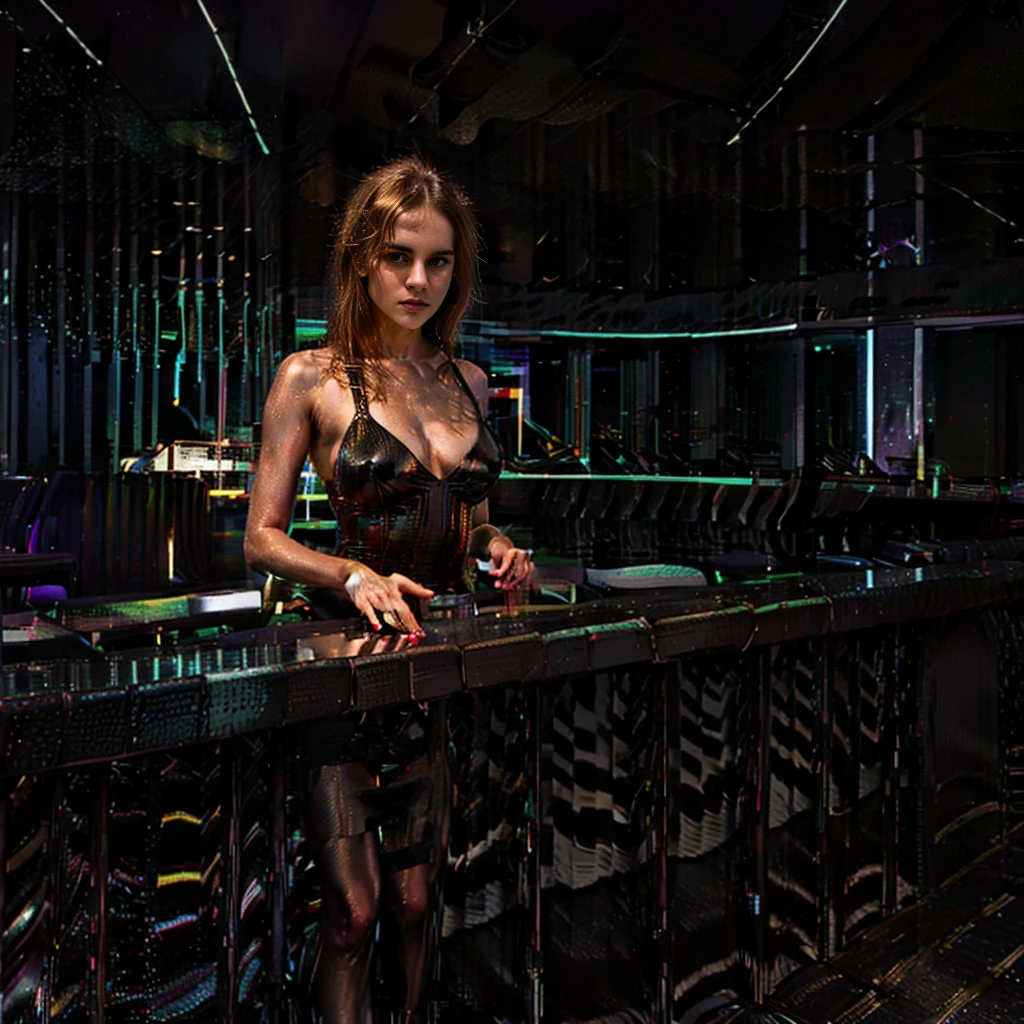 supermodel, pornstar, solo, (hands on hips), fake breasts, huge breasts, perfect breasts, jewelry, dripping wet, tight dress, metallic dress, ((nightclub, on stage, lounge, intheVIP)), crazy, dark_persona, naughty face, seductive temptress, Emma Watson