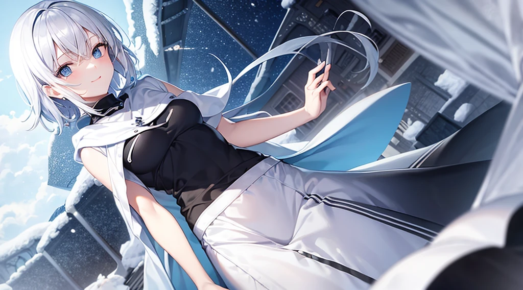 Look at viewers, hands behind back, girl with, 20 years old, Very short hair, long bangs between eyes, pale blue eyes, Hoodie, Skirt , Blue sky,, Sunlight, Extremely detailed,(​masterpiece、top-quality)、独奏、White hair、Black eyes、A smile、White skin as clear as snow、Fantastical, Silver hair, Blue eyes, Beautiful eyes,, Ecstasy, charmed, be smitten with audience, Hoodie, White hoodie, fantastic landscape,a black skirt,snowscape