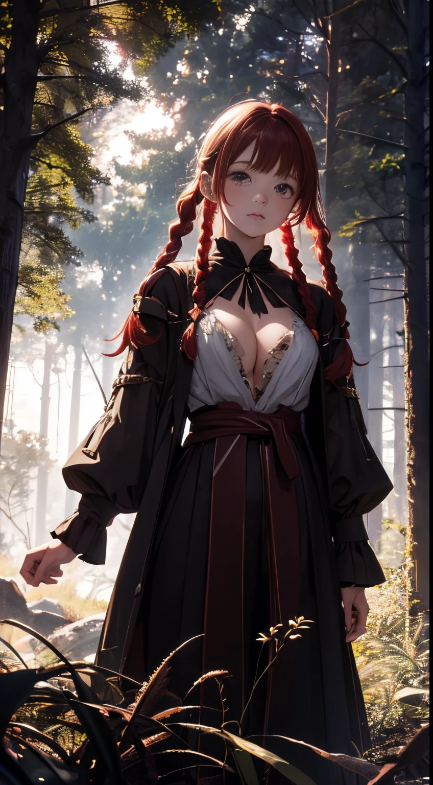 Full body portrait, forest, Night, fireflys, Beautiful Girl, redhair, Twin braids, real photo of 18 year old girl, curls, freckle, Unbuttoned, big neckline, White blouse, Torn dress, Nip slip, Black background, Light on Face, dream, Magical atmosphere, Cinematic lighting, embers, Fantasy, actionpose, myst, CRU photo, 8K UHD, Film grain