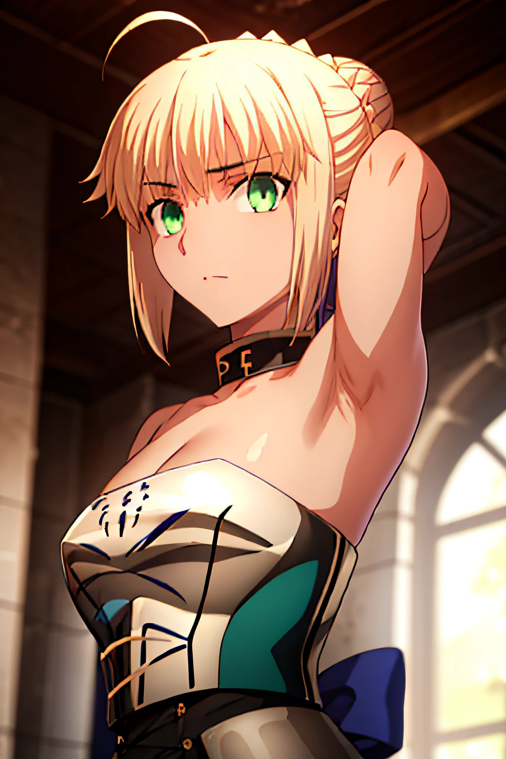 Altas Resoluciones, {saber_fenestaynightufotable:1.15}, rubio_cabello, Ahoge, verde_ojos, cinta, cabello_cinta, trenza, azul_cinta, corto_cabello, anime_colorante, Looking_en_espectador, cabello_entre_ojos, La mejor calidad, Obra maestra,phSaber, phAltoria, 1girl, solamente, Trenza francesa, resplandeciente, tenencia, Hair bun, Parte superior del cuerpo,saber, artoria, green eyes, house, bath, bathing, breasts, armpits,