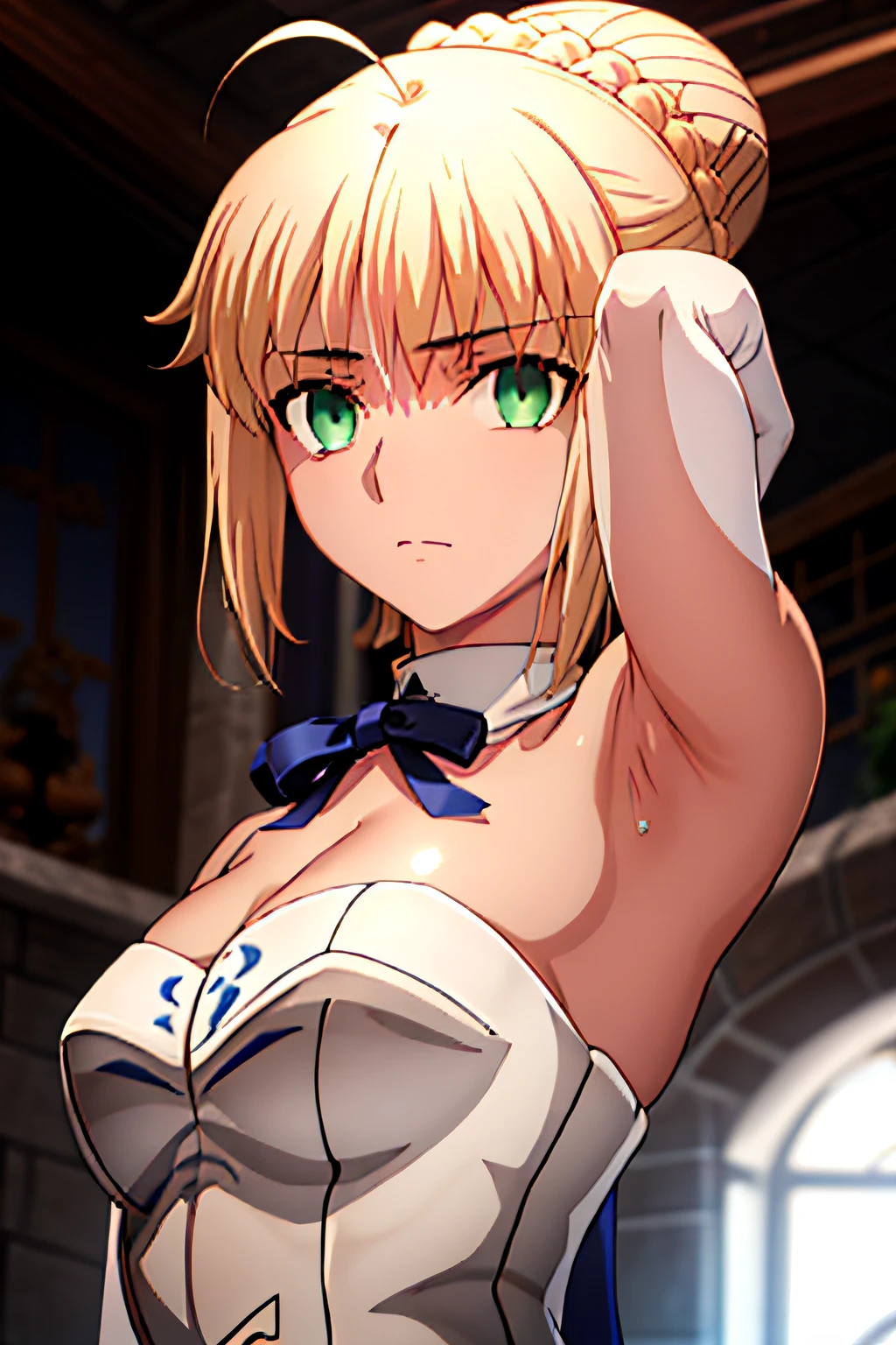 Altas Resoluciones, {saber_fenestaynightufotable:1.15}, rubio_cabello, Ahoge, verde_ojos, cinta, cabello_cinta, trenza, azul_cinta, corto_cabello, anime_colorante, Looking_en_espectador, cabello_entre_ojos, La mejor calidad, Obra maestra,phSaber, phAltoria, 1girl, solamente, Trenza francesa, resplandeciente, tenencia, Hair bun, Parte superior del cuerpo,saber, artoria, green eyes, house, bath, bathing, breasts, armpits,