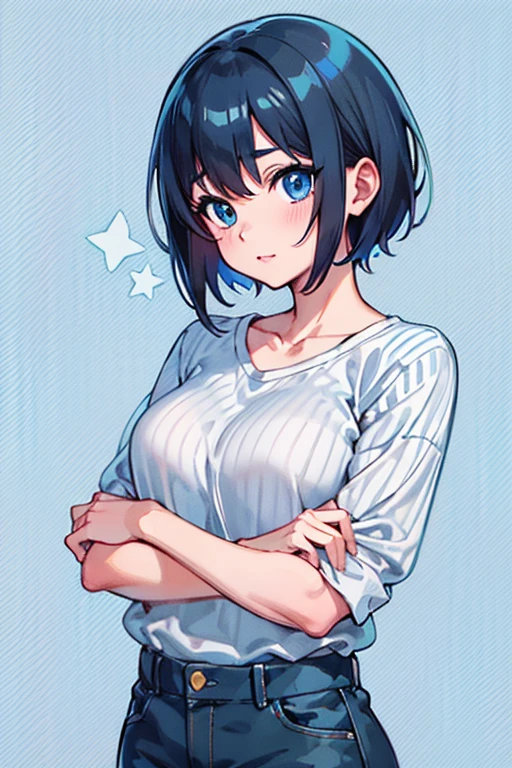 Anime girl with blue eyes and a striped shirt, Anime Moe Kunststil, anime visual of a cute girl, Ilya Kuvshinov Stil, Ilja Kuwschinow. 4 Tsd., Ilja Kuwschinow, Anime Best Girl, Saubere, detaillierte Anime-Kunst, anime style portrait, Kuwschinow, Glatte Anime-CG-Kunst, Kuvshinov Ilja