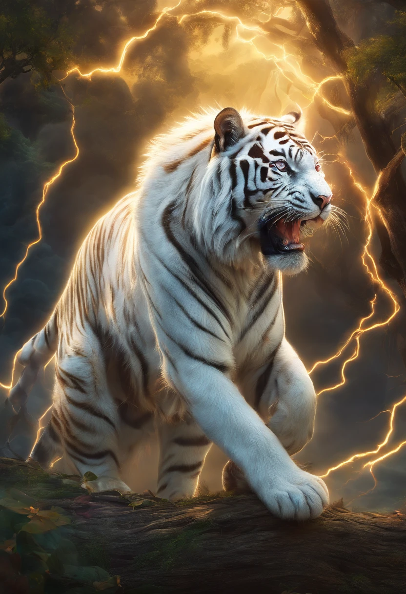 an adult white tiger,Tall and mighty,(There are wings on the body:1.3),(There are water chestnuts on the head:1.3),(There is an aperture on the head:1.3),(Spit lightning:1.3),Lightning,(entangled lightning:1.2),(Good body proportions:1.4)(Hyper Real,hyper-detailing,high qulity,hyper HD,tmasterpiece:1.3)