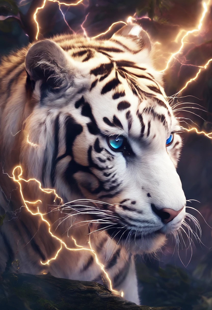 an adult white tiger,Tall and mighty,(There are wings on the body:1.3),(There are water chestnuts on the head:1.3),(There is an aperture on the head:1.3),(Spit lightning:1.3),Lightning,(entangled lightning:1.2),(Good body proportions:1.4)(Hyper Real,hyper-detailing,high qulity,hyper HD,tmasterpiece:1.3)