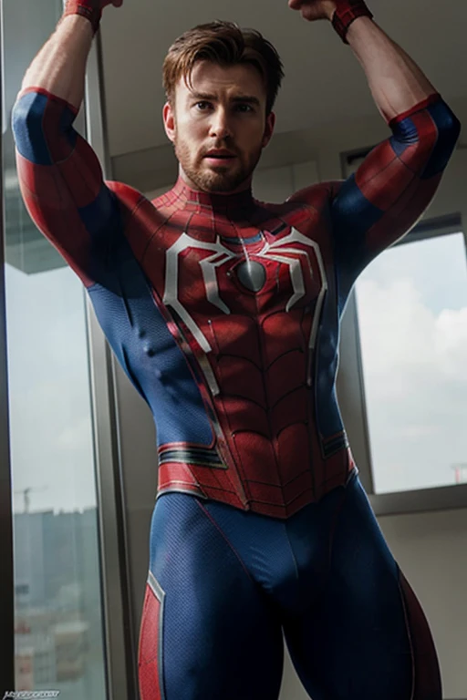 chris evans in a spiderman suit, muscular body, big bulge