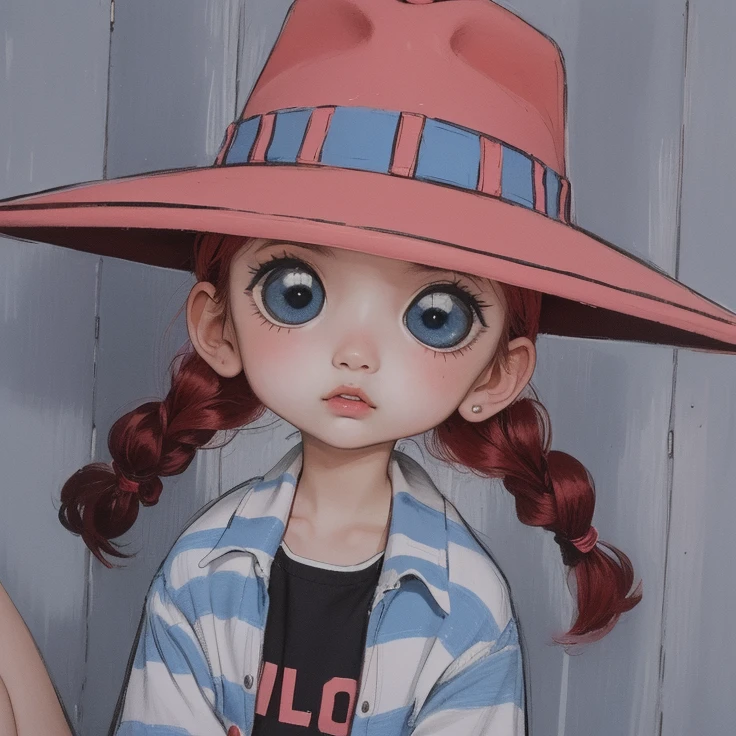(masterpiece), (best quality), one piece,1kid girl,black eye,red hair,pink hat, blue and white striped shirt