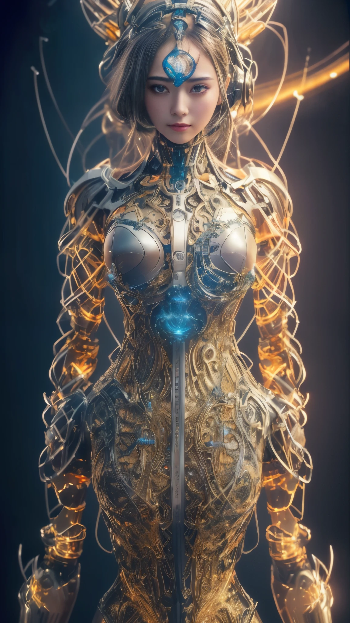 Masterpiece, best quality, super detailed, very detailed illustrations, very detailed, intricate details, high resolution, super complex details, very detailed 8k cg wallpaper, 50MM lens, caustics, reflections, ray tracing, nebulae, dark halos, network effects, (1girl:1.4), solo, alone, mecha musume, mechanical parts, robot joints, single mechanical arm, headgear, mechanical halo, star halo, electric mechanical bodysuit, mecha corset, kimono, full armor, very long hair, white hair, hair between eyes, multicolored hair, blue eyes, glowing eyes, random expression, random action, ancient chinese architecture, starry sky, skyline,
