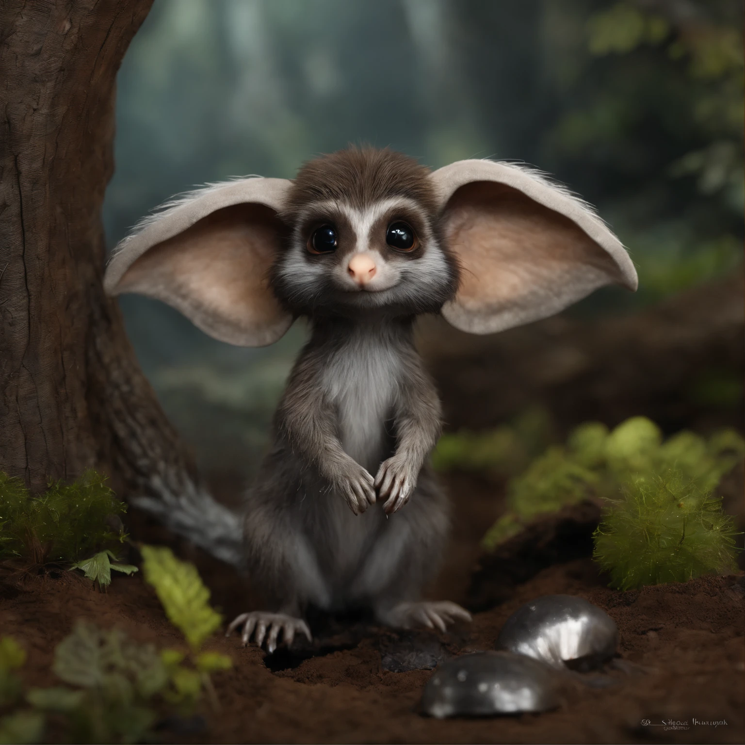 gremlin, mole-like, bright silver and brown, long tail, large ears, covered with silver fur, holding an acorn in his paws, water, Burrow, tree roots stick out from the walls in the hole, mushrooms sticking out of the ground, Best Quality, Masterpiece, in style of dark fantasy art,