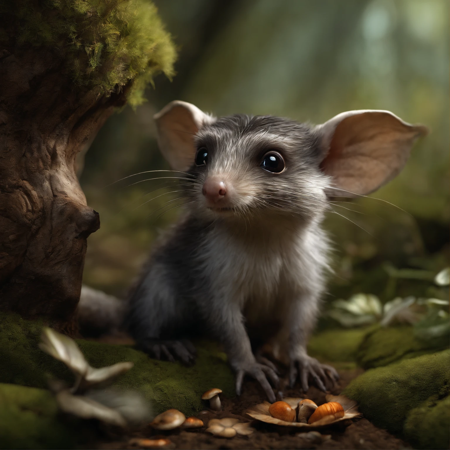 gremlin, mole-like, bright silver and brown, long tail, large ears, covered with silver fur, holding an acorn in his paws, water, Burrow, tree roots stick out from the walls in the hole, mushrooms sticking out of the ground, Best Quality, Masterpiece, in style of dark fantasy art,