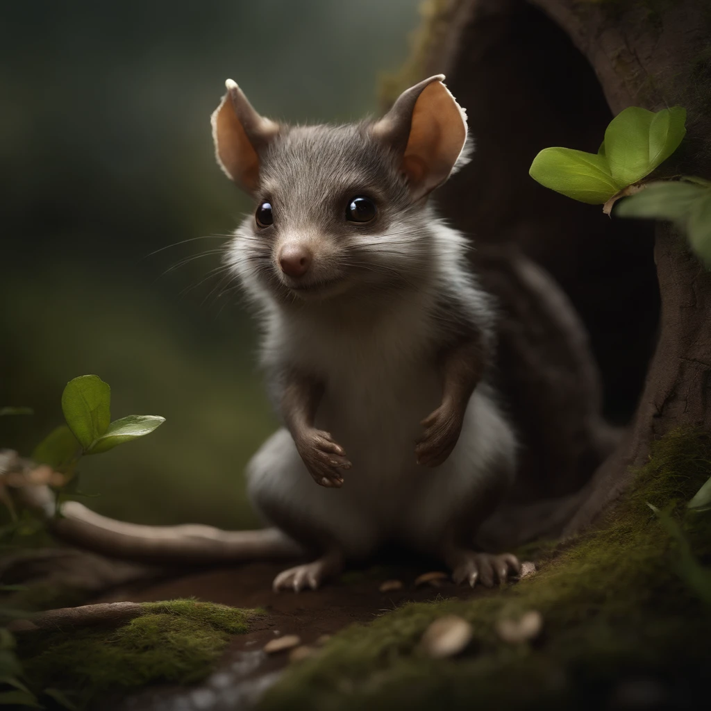 gremlin, mole-like, bright silver and brown, long tail, large ears, covered with silver fur, holding an acorn in his paws, water, Burrow, tree roots stick out from the walls in the hole, mushrooms sticking out of the ground, Best Quality, Masterpiece, in style of dark fantasy art,真实感, Realism, tmasterpiece, Brad Jongsan walks in the jungle (Night of the Fireflies), (higly detailed: 1 1), rough face, natural skin, hiquality, NSFW, pretty eyes, (Detailed face and eyes), (s face: 1 2), tumult, Complementary, real-photo, .PSD, Lightweight Film Photography, sharp-focus, contrast lighting, Detail Skin, high resolution 8k, Crazy detailing, Realistic, professional photo of a, 8K UHD, dslr, soft light, hiquality, film grains, Fujifilm XT3